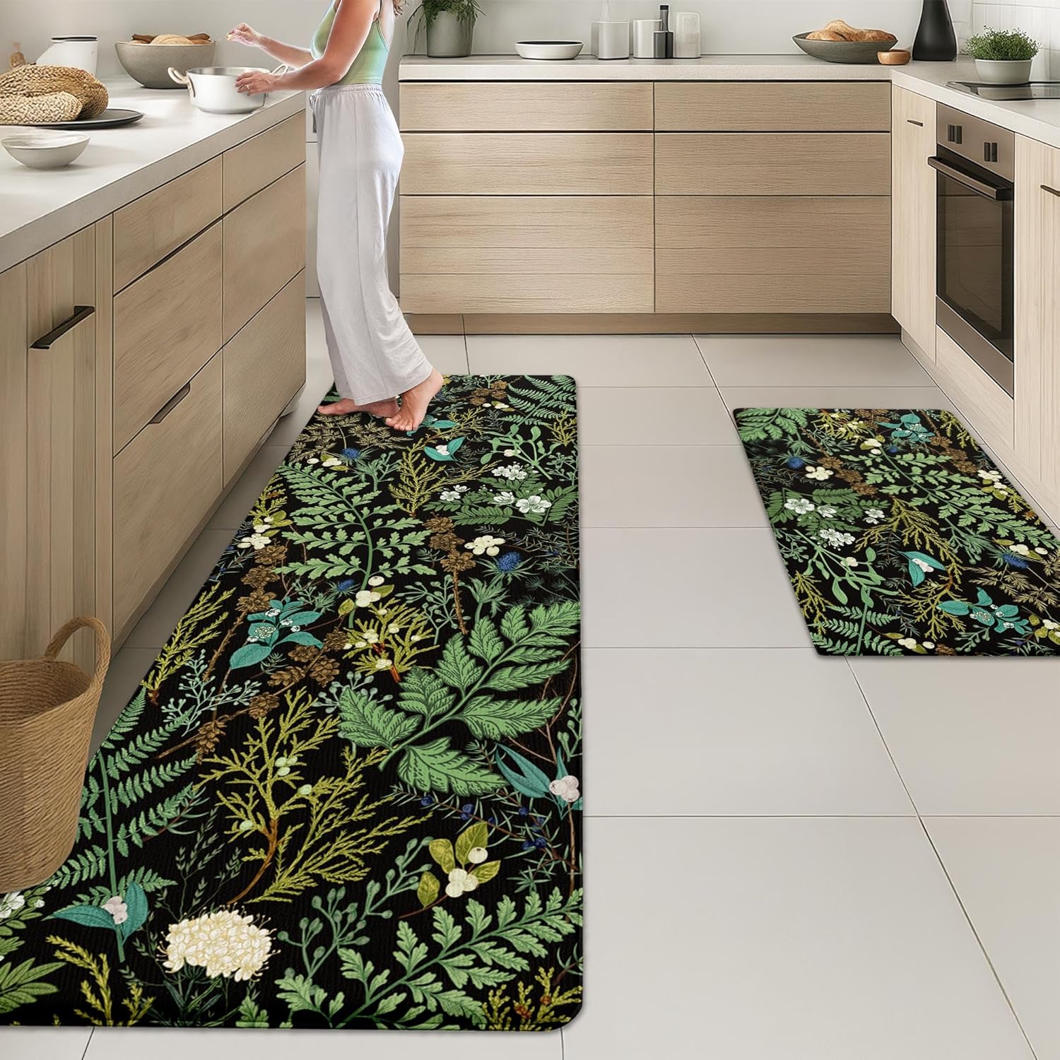 Arttown Kitchen Mats for Floor 2Pcs-Anti Fatigue Non Slip Mats for Kitchen Floor, Cushioned Waterproof & Stain-Resistant Plant Floral Mat Set, Laundry Room, Office, Sink, Desk (Green)