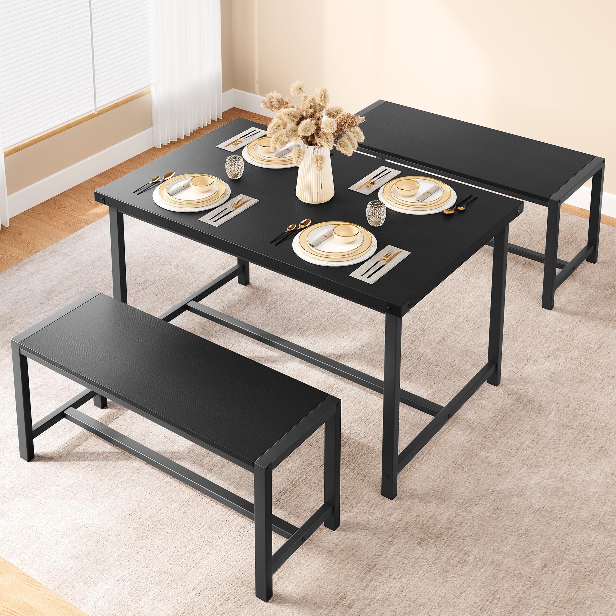 CuisinSmart Dining Table Set with 2 Benches, Space-Saving Kitchen Table for Small Spaces & Apartments, Dining Tables Set for 4