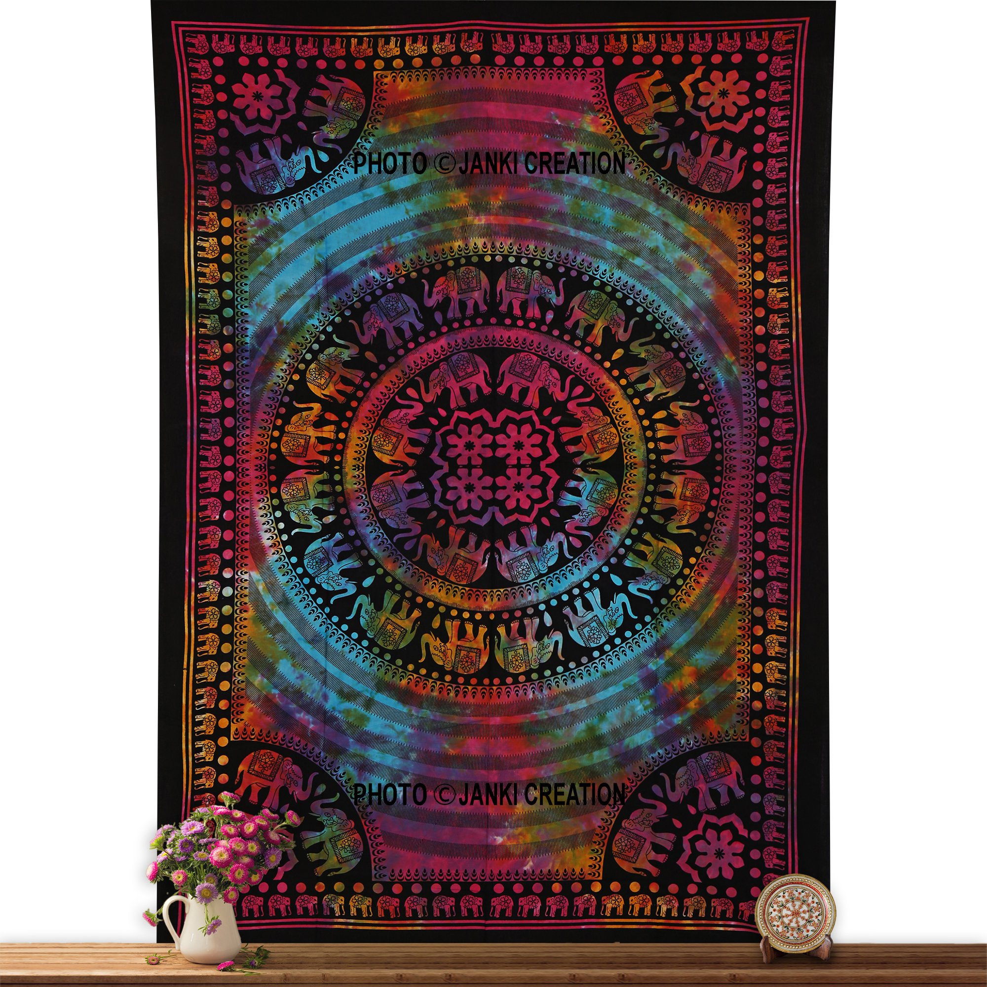 Janki Creation Multi Cotton Tapestry, indian Mandala Bohemian Wall décor, Boho Bedspread, Boho Mandala Tapestry, Twin Size Tapestry, Size 85X55, Hippie Indian Tapestry