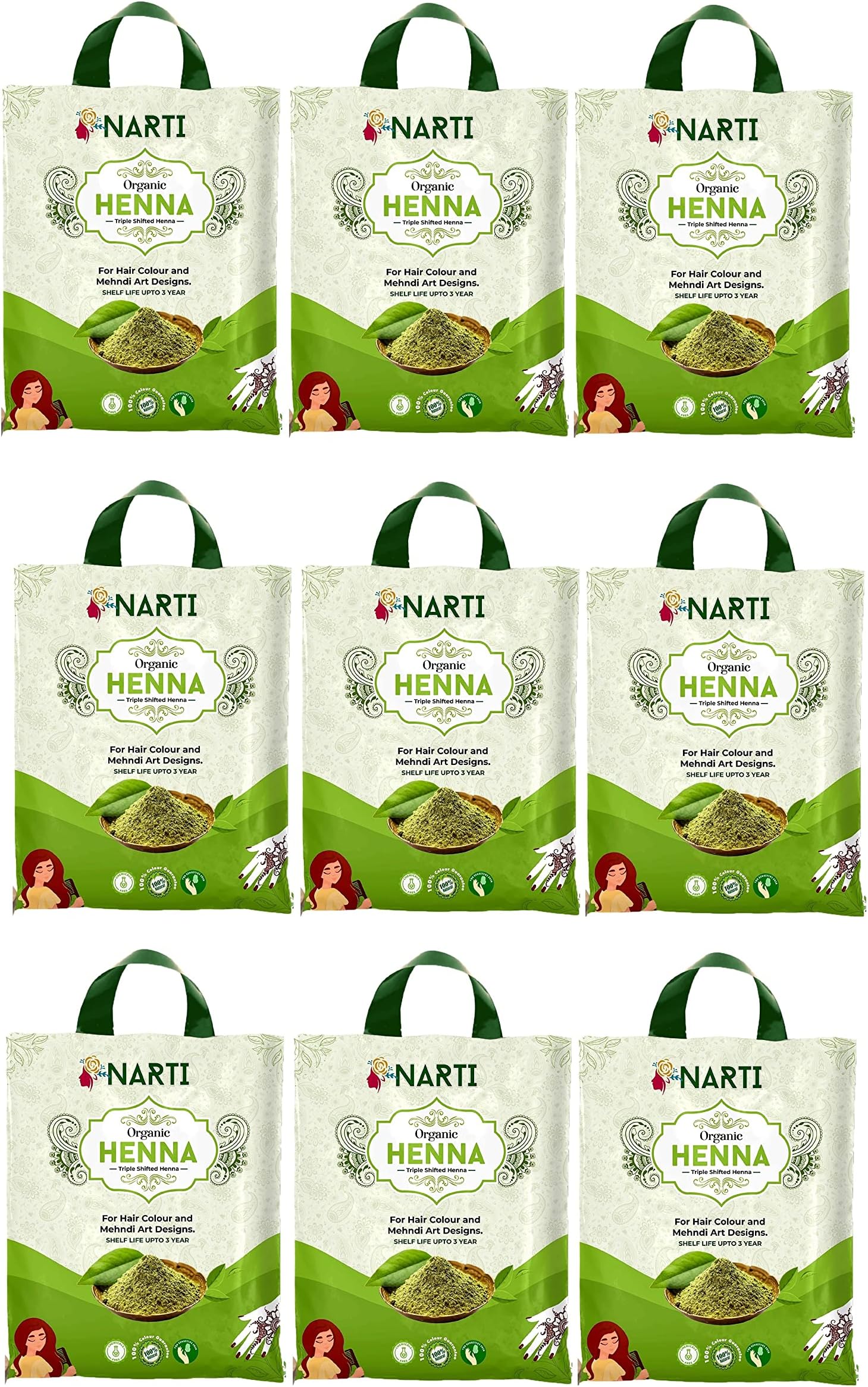 NARTI mehendi henna powder organic for hair growth pack of 4.5 kg best for natural hair care and colour suitable for wedding heena powder for hair in 4500 g pack of 9