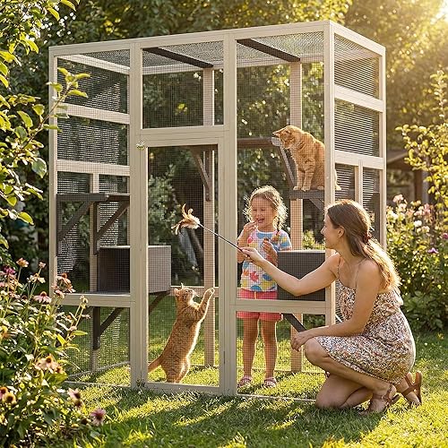 Miniatura 3 de Recinto grande para gatos Catio de 70 pulgadas, patio de madera para gatos con techo impermeable resistente a los rayos UV, refugio para gatos con 5