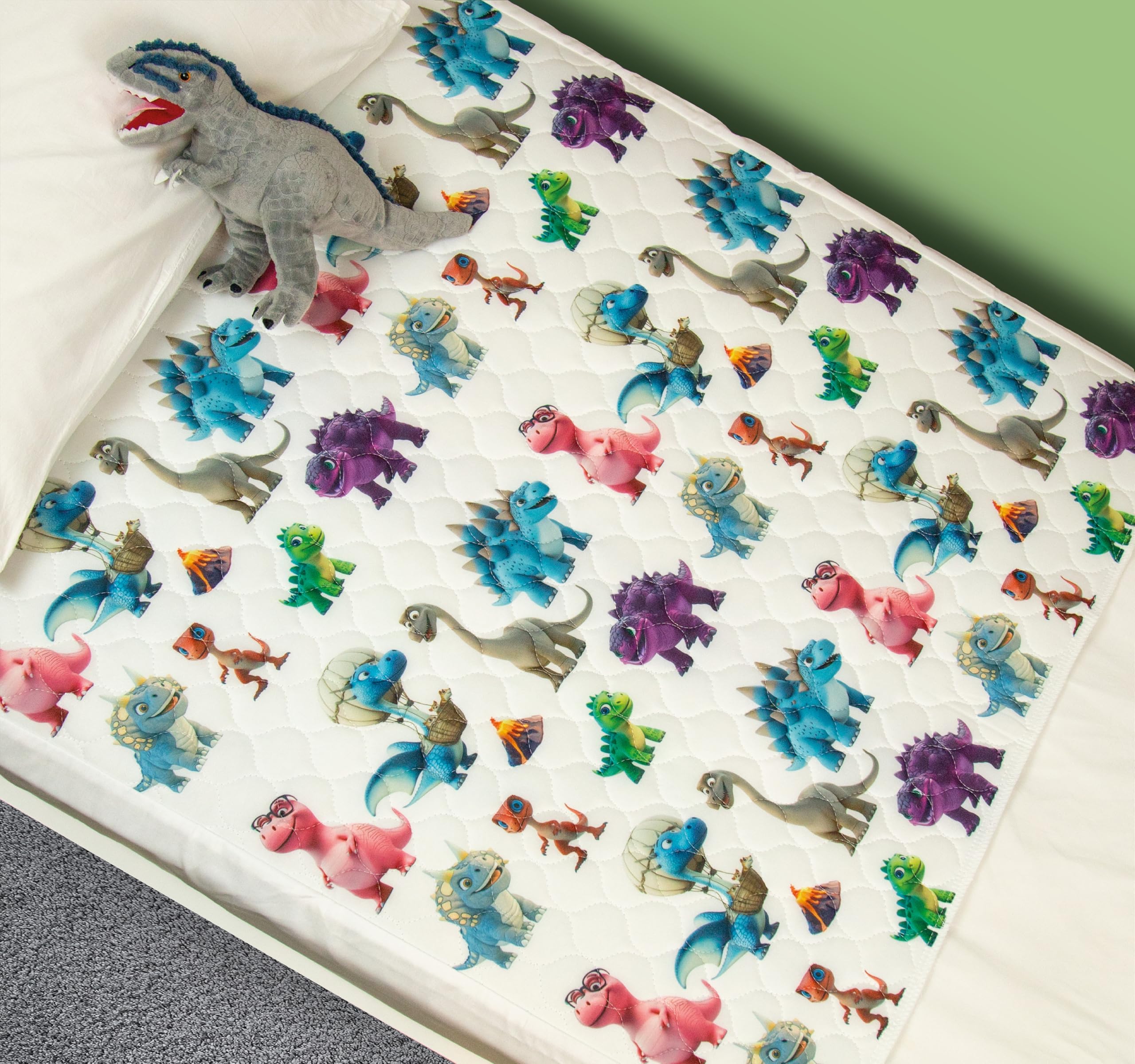 Bedwetz Waschbare Kinder-Matratzenauflage | Passend für Einzel-, Kleinkind- und Babybetten | Wasserdichter Matratzenschoner bei Inkontinenz, atmungsaktiv mit seitlichen Umschlägen |2er-Pack Dino