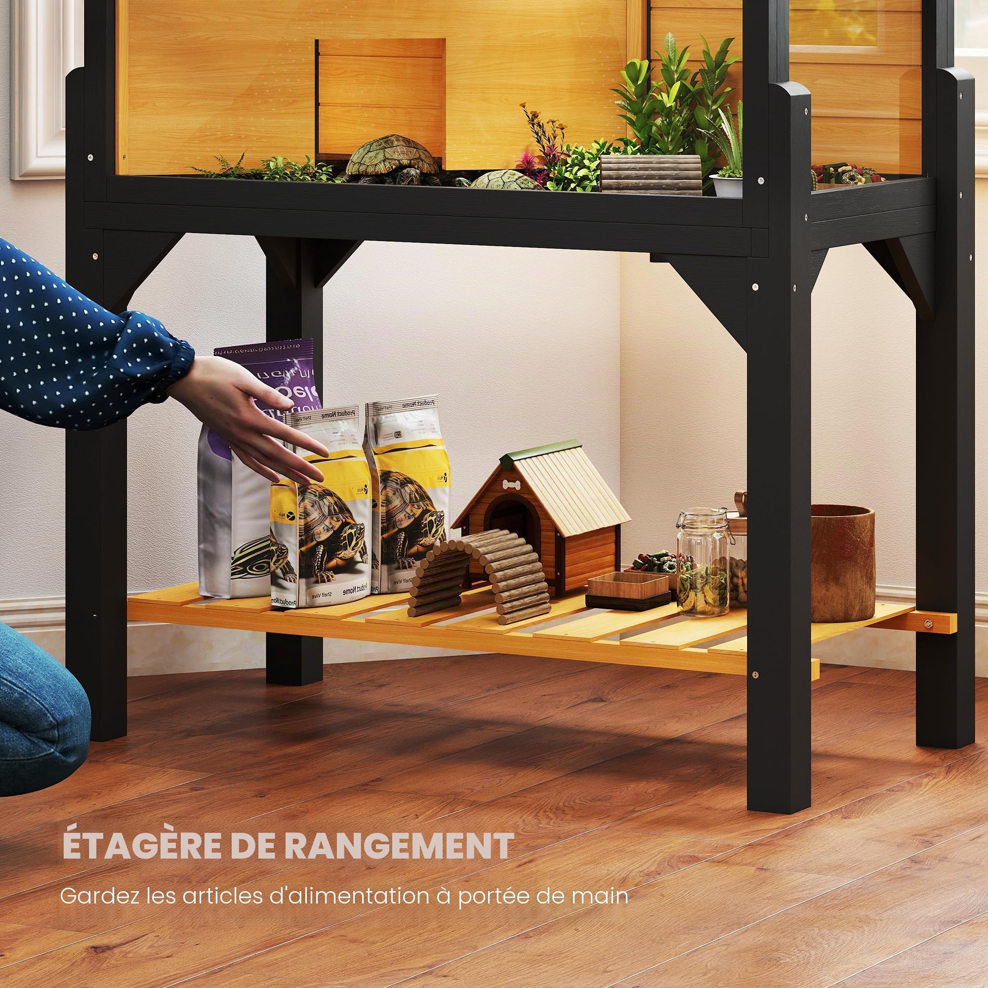 PawHut Maison de tortue en bois avec étagère et fenêtres transparentes, support de lampe, dessus ouvrable, plateau intégré, jaune