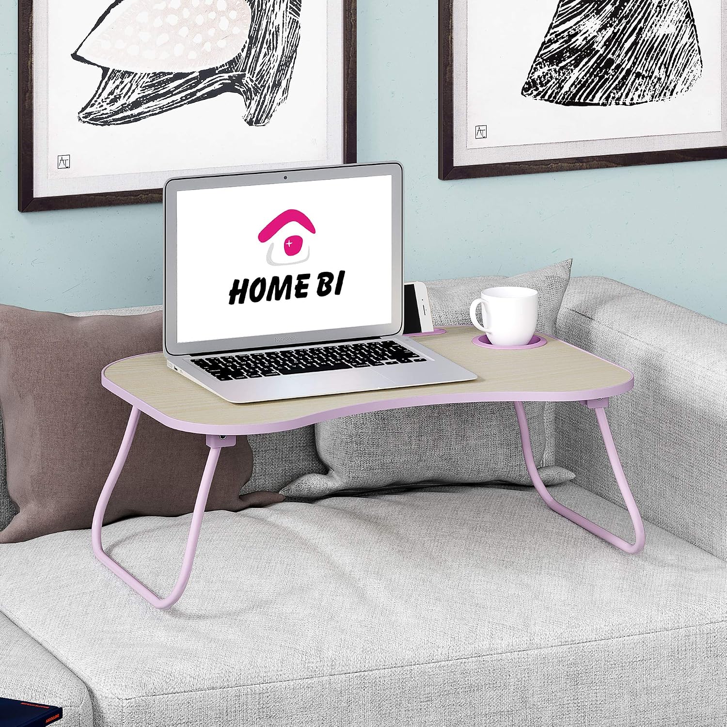 HOME BI Large Laptop Desk for Bed with Cup Holder, Pen & Phone Holder, Fits Up to 17.3" Laptop, Portable Breakfast Tray for Bed Sofa, Notebook Stand Reading Holder, Bed Writing Desk (Purple)