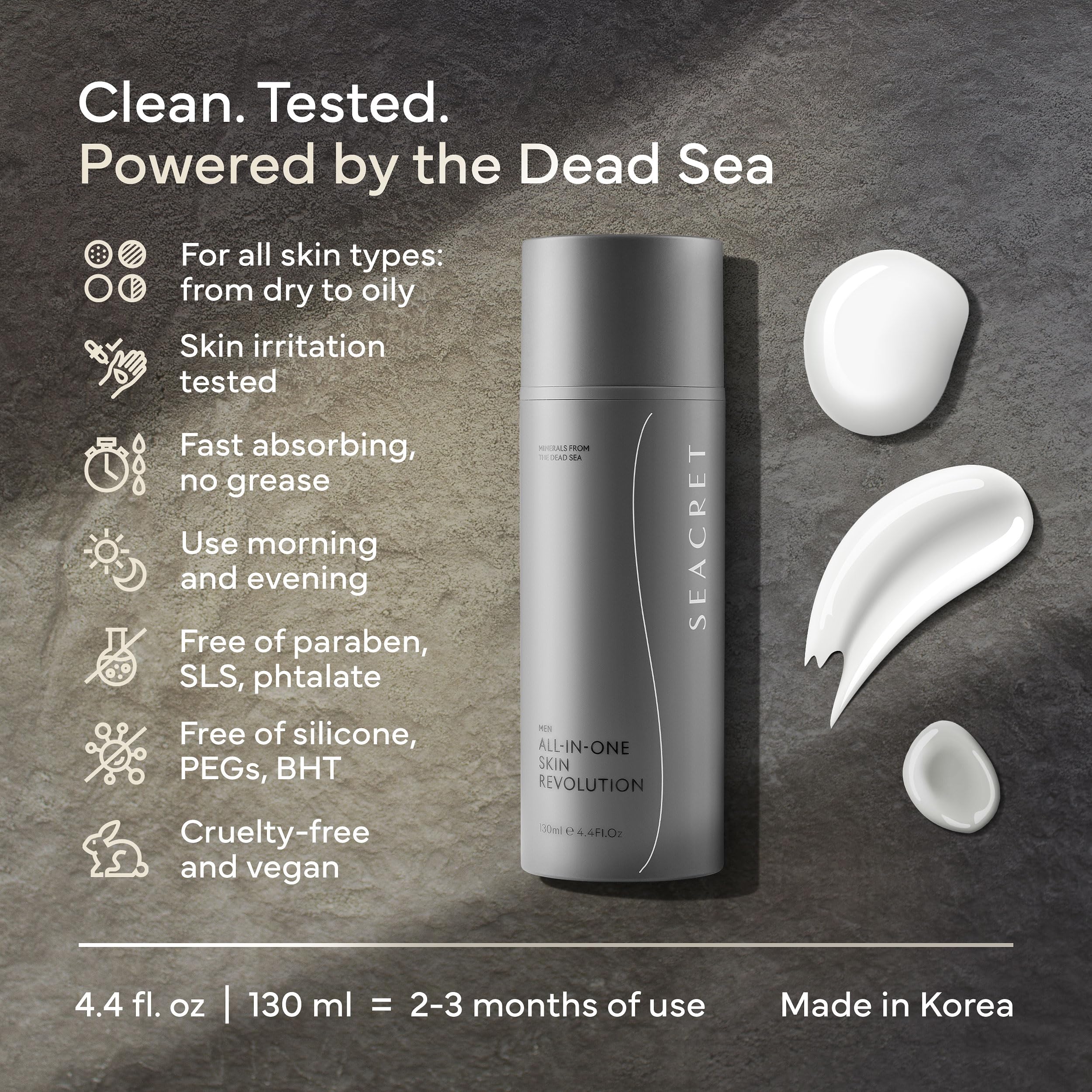 SEACRET Men’s All-in-One Face Moisturizer & Aftershave - 4-Month Supply, Anti-Aging Cream with Niacinamide & Adenosine, Non-Greasy Daily Hydration for Sensitive Skin, 4.4 fl oz