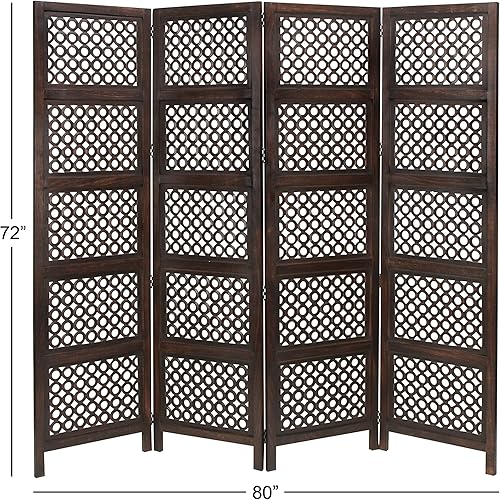 Miniatura 3 de Deco 79 Partición plegable de madera floral hecha a mano con bisagras 4 paneles con diseños intrincadamente tallados, 80 x 1 x 72 pulgadas, marrón