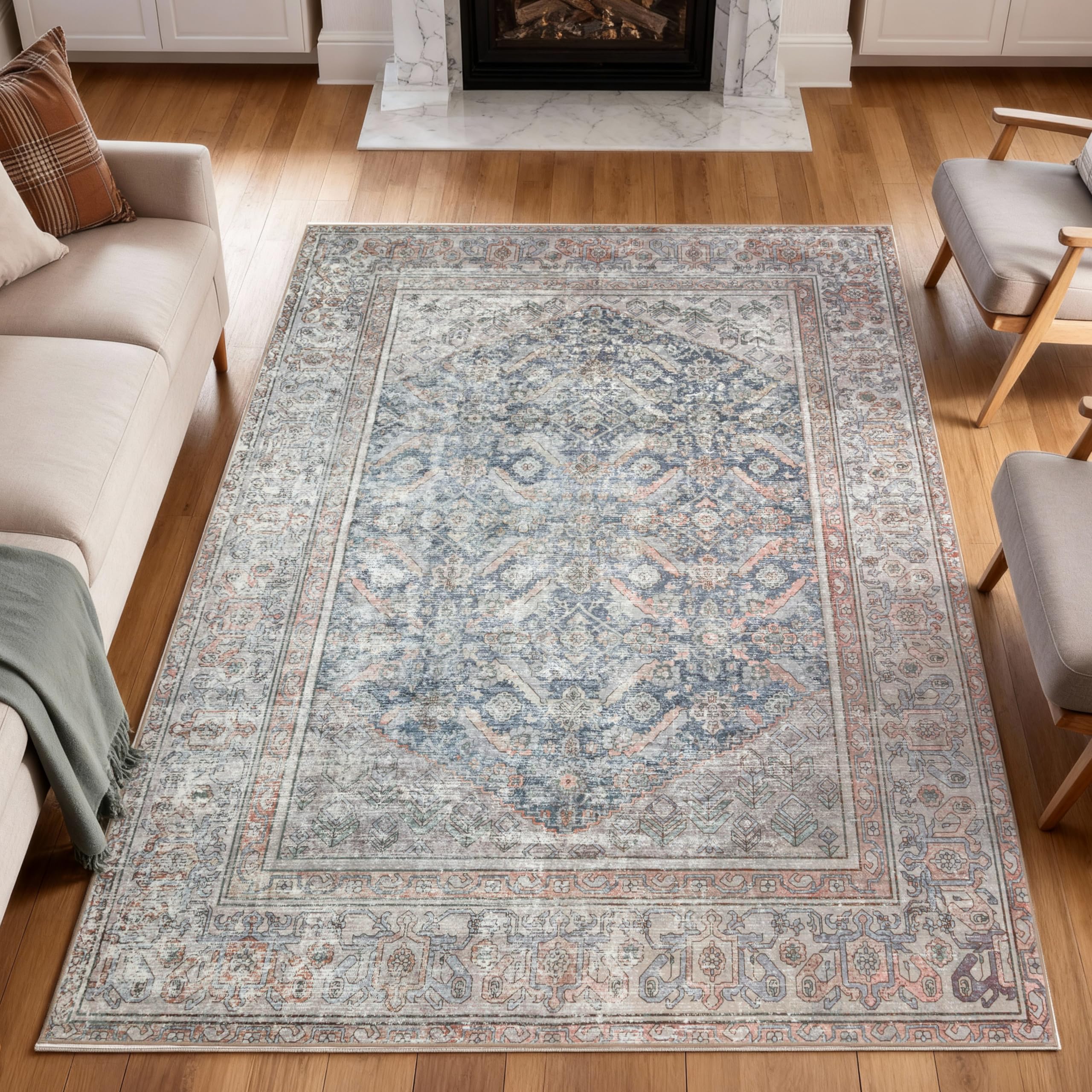 Kuden 5x7 Area Rug, Machine Washable Area Rug with Non-Slip Backing, Vintage Style, Soft, Easy Clean, Low Pile Rug for Living Room, Bedroom, Dining