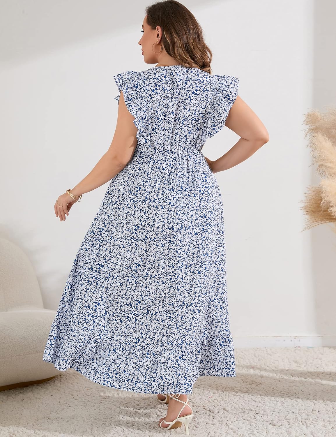 KOJOOIN Women's Plus Size Summer Dress with Pocket Ruffle Cap Sleeveless V Neck Side Split Long Beach Maxi Dress - Image 5