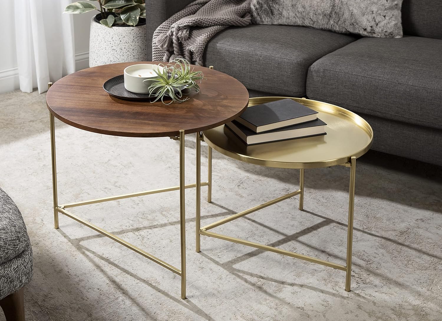 Kate and Laurel Ulani Modern Nesting Coffee Table; Set of 2; Walnut and Gold; 22.5 x 20.25; Decorative Sophisticated Mango Wood and Metal End Tables for Display and Storage
