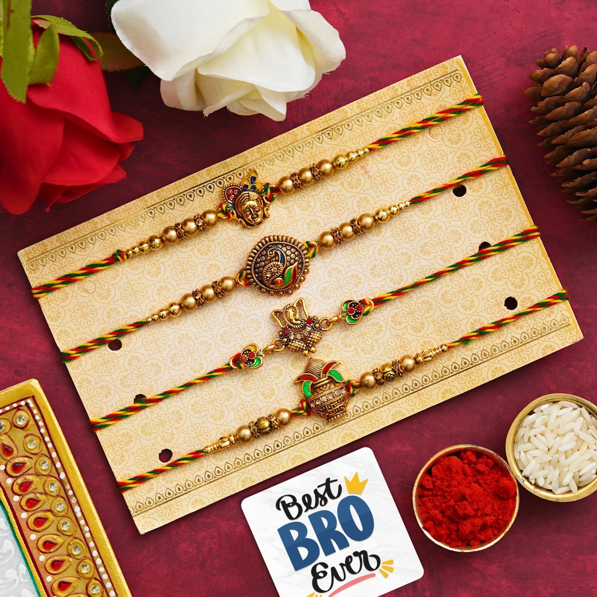 eCraftIndia Set of 4 Lord Ganesha, Peacock, Krishna & Kalash Designer Rakhis with Roli Chawal Pack and Happy Rakhi Wooden Cutout - Rakhi for Brother-image-49