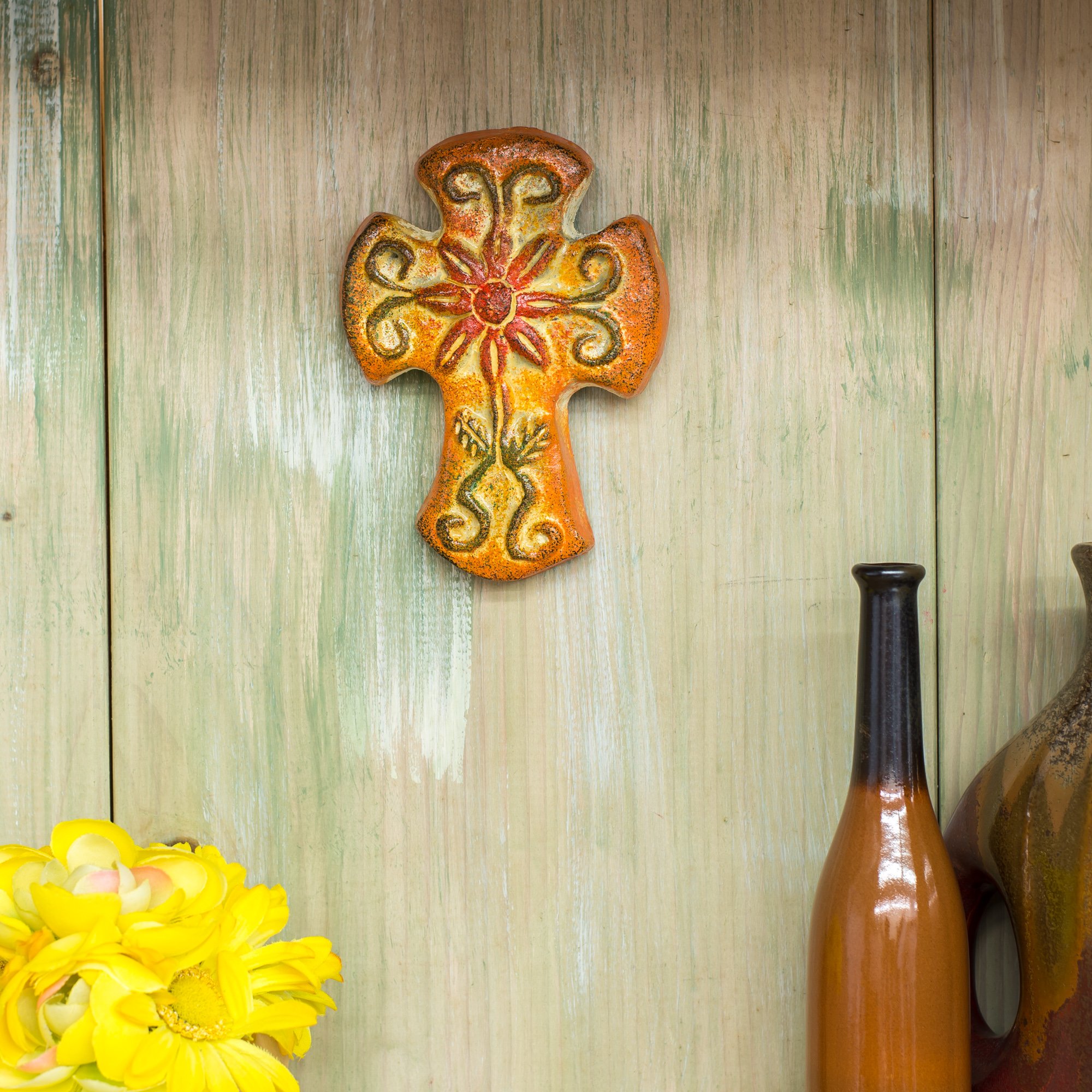 Flower Flourish 6 x 4.5 Inch Handcrafted Clay Wall Hanging Cross