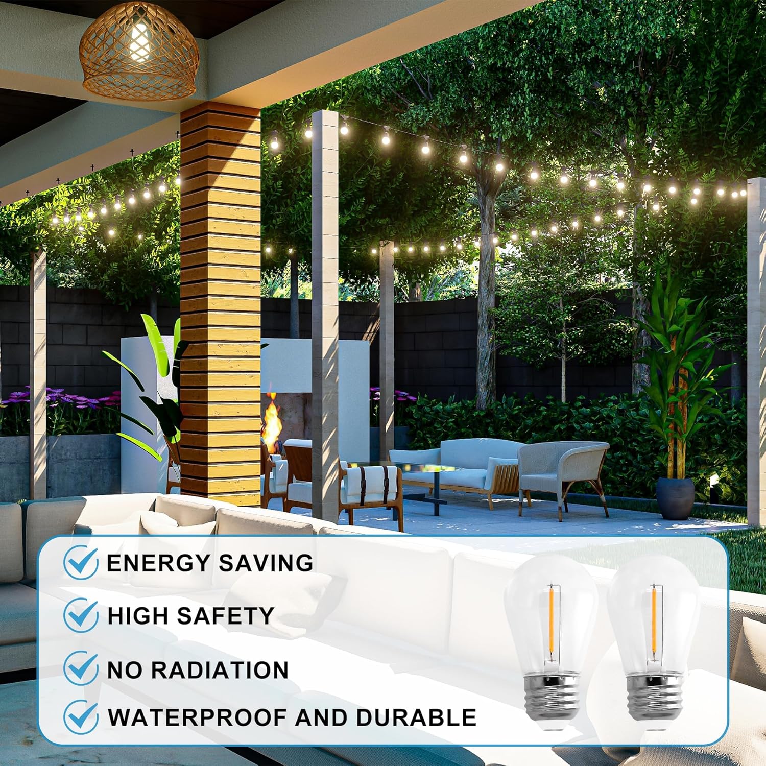 30-Pack S14 Replacement Light Bulbs for Outdoor String Light, Waterproof, E26 1Watt, Warm White 2200K, 70Lm,Non-Dimmable