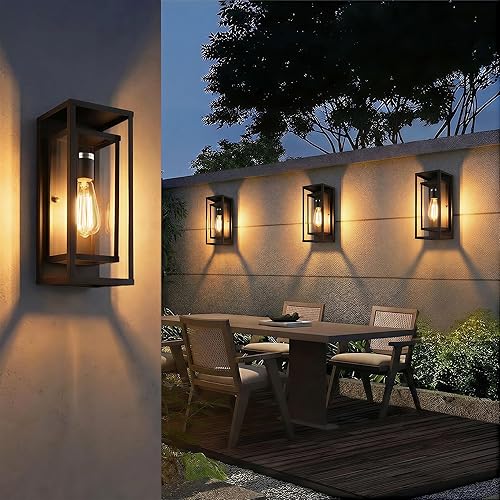 Miniatura 19 de mirrea Aplique de pared clásico para exteriores de 14 pulgadas, 1 luz en negro mate, marco de metal rectangular y pantalla de vidrio transparente