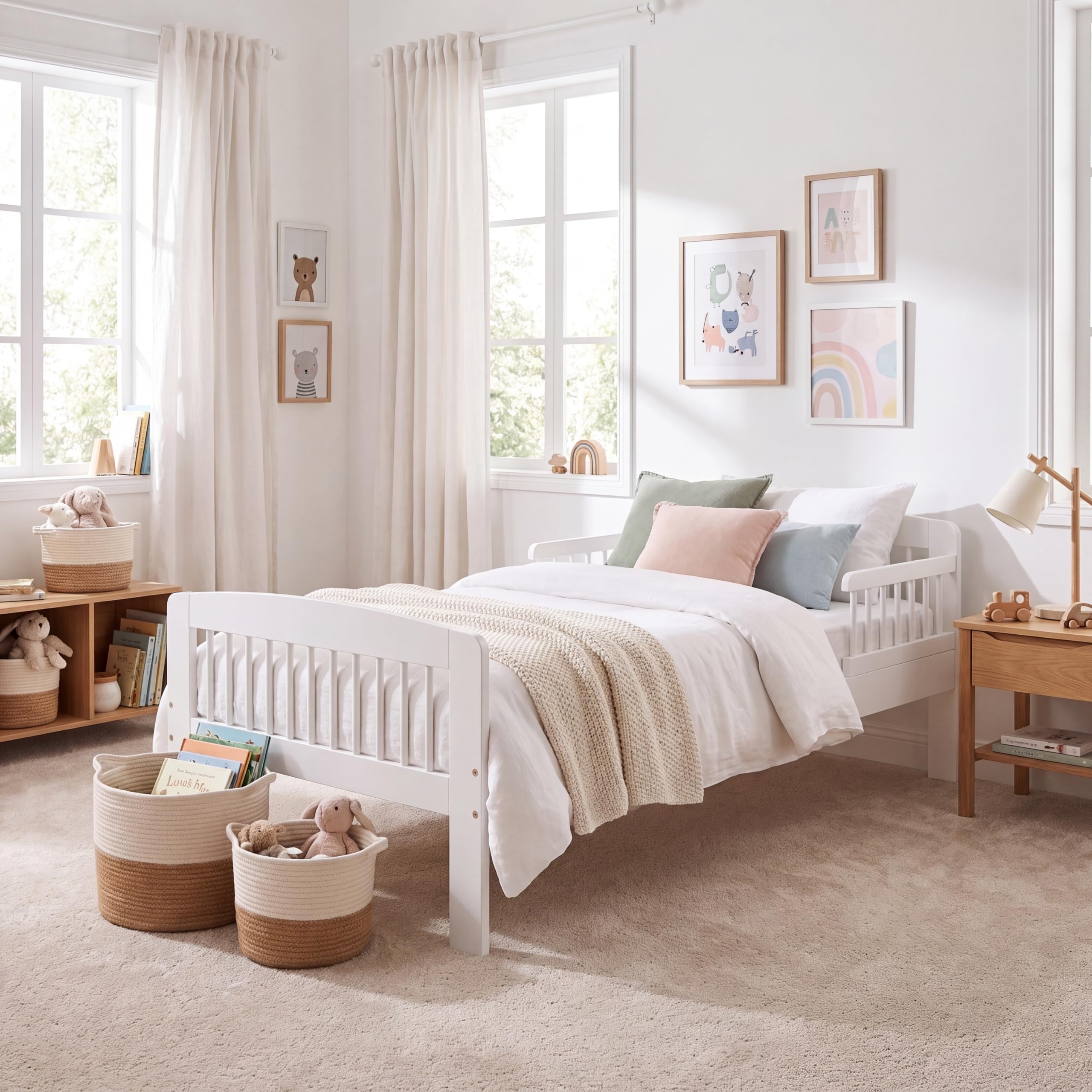 Junior Vida Scorpio Single Kids Toddler Bed Frame | White | Solid Pine Wood | 57 H x 75 W x 144 D cm | Guard Rails | Space-Saving | Underbed Storage | Slatted Panels | Children Bedroom Furniture