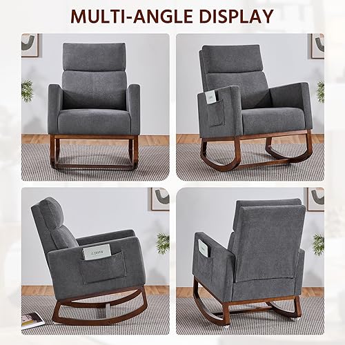 Miniatura 13 de Yaheetech Boucle - Silla de sala de estar, moderna silla mecedora tapizada, silla de guardería con bolsillo lateral y sillón de respaldo alto para