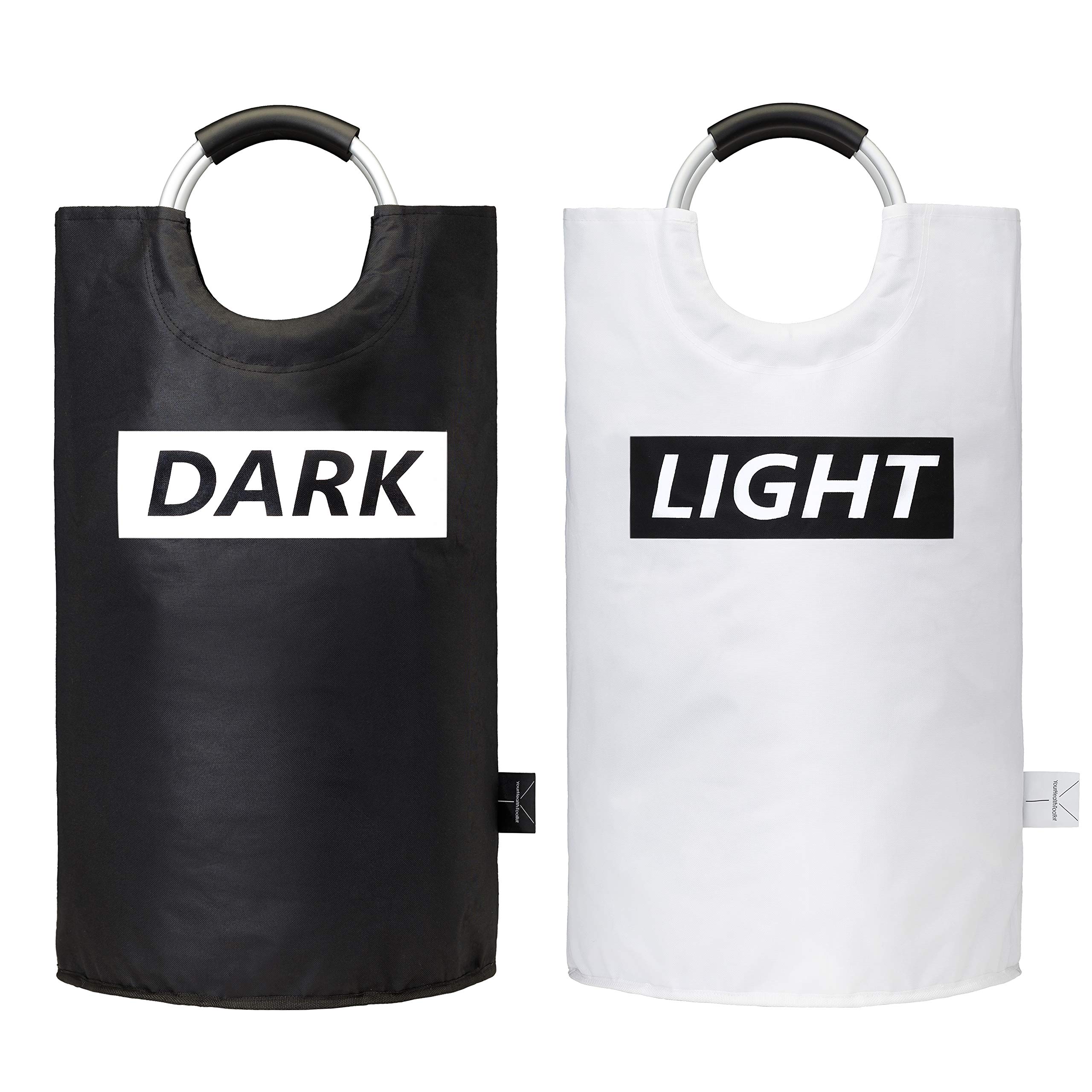 YOURHEALTHTOOLKIT Collapsible Laundry Baskets with Ergonomic Handle [2 Pack] | Large Capacity Fabric Laundry Hamper | Foldable Clothes Bag | Portable Washing Bin | Heavy Duty | Black/White