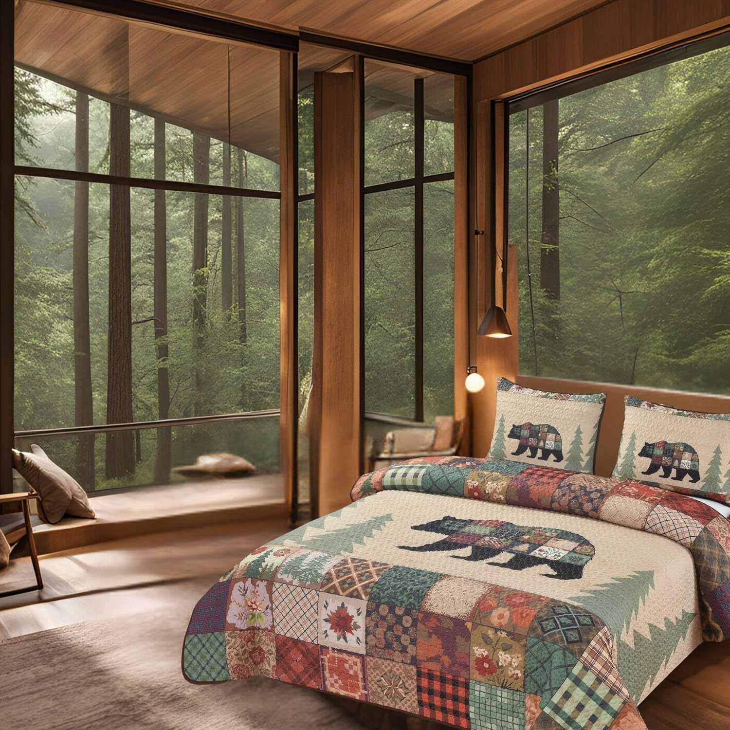 BestGiftEver Bear Themed Queen Quilt Coverlet Set – Rustic Cabin Bedding – 3-Piece Bedspread (90" x 90") with 2 Standard Pillow Shams – Cozy Woodland Decor for Lodge & Mountain Homes