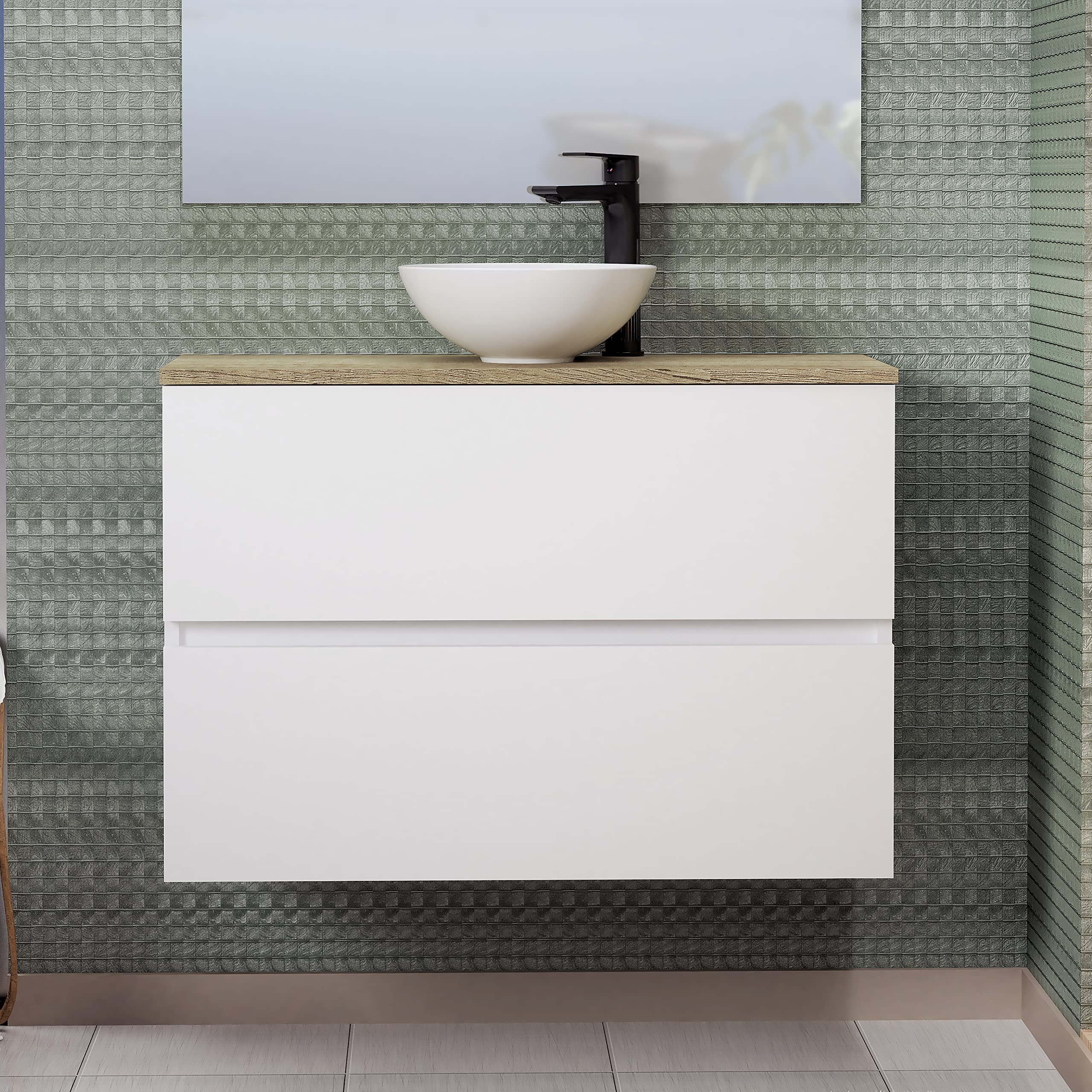 Baikal Conjunto de Mueble de Baño Ness, Especial para baños pequeños. Mueble de Fondo Reducido en 36cm, Incluye Lavabo Cerámico. Mueble MONTADO. Dos Cajones 80 cm Blanco