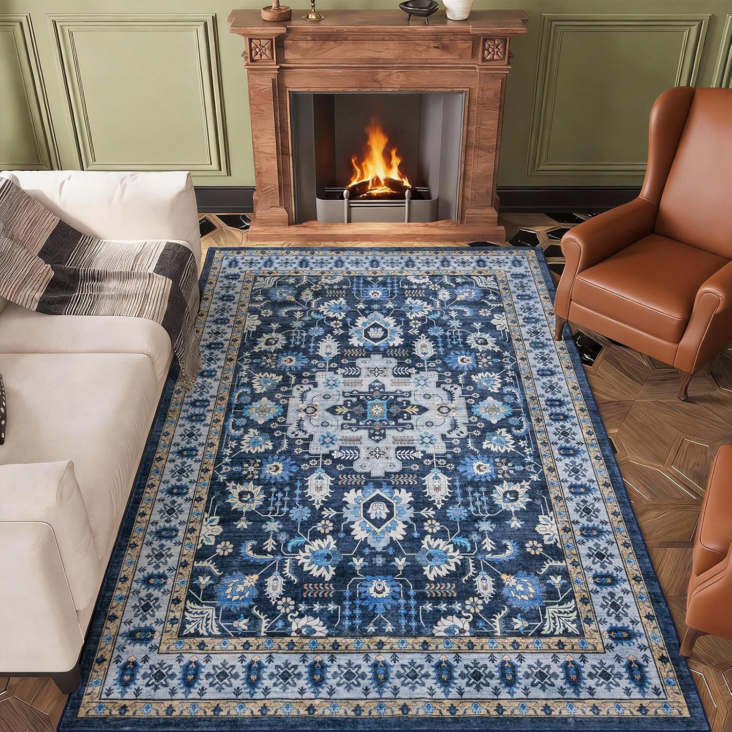 Area Rugs 5x8 Washable Rug for Living Room, Boho Dark Blue Floral Medallion Throw Rug for Bedroom, Low Pile Non-Slip Ultra Thin Foldable Carpet Under The Table for Dining Room