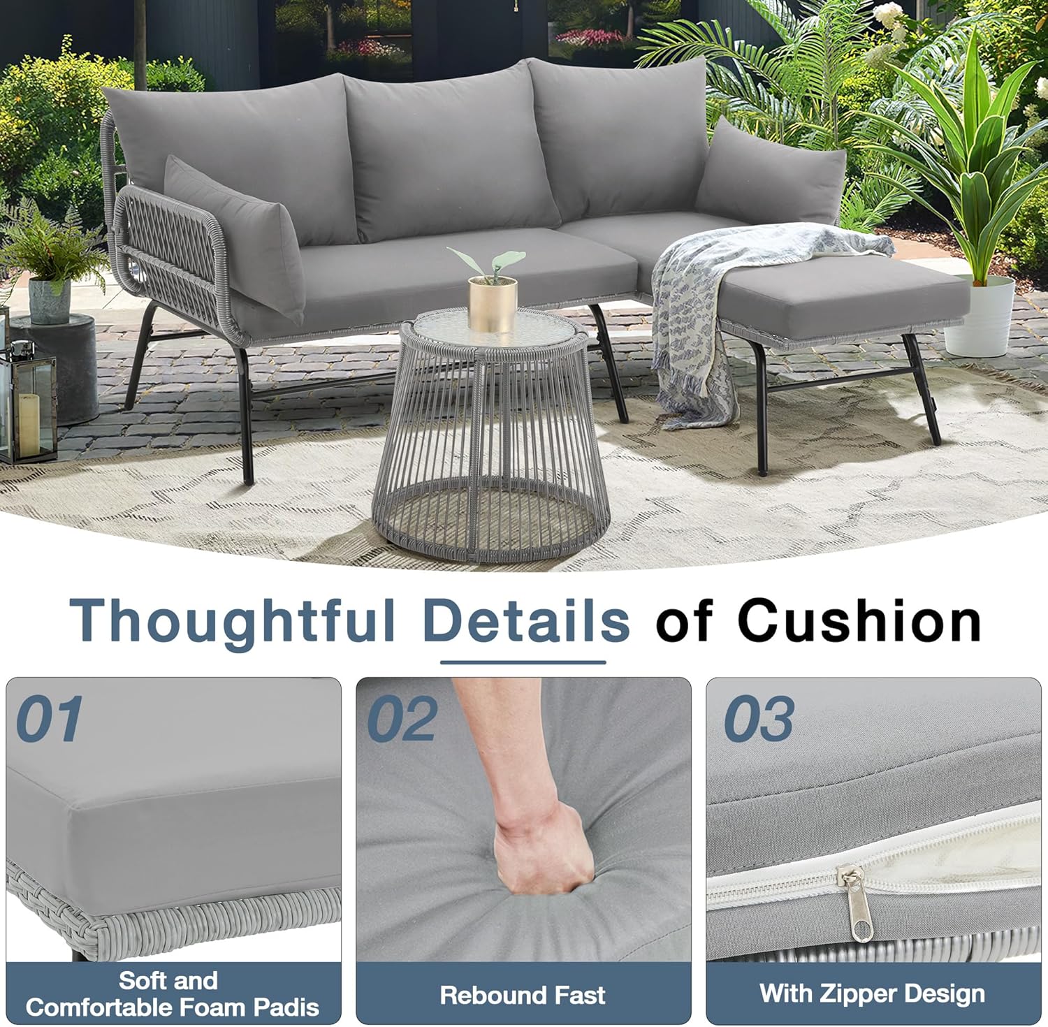 EROMMY 3 Piece Boho Patio Conversation Sets, L-Shaped Sectional Patio Furniture Sofa Set with Thick Cushions and Toughened Glass Coffee Table for Backyard Balcony Garden Porch, Gray