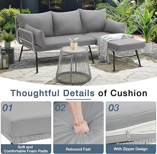 Miniatura 5 de EROMMY Juego de 3 piezas de muebles de patio estilo bohemio, juego seccional en forma de L con sofá, cojines gruesos y mesa de centro de vidrio