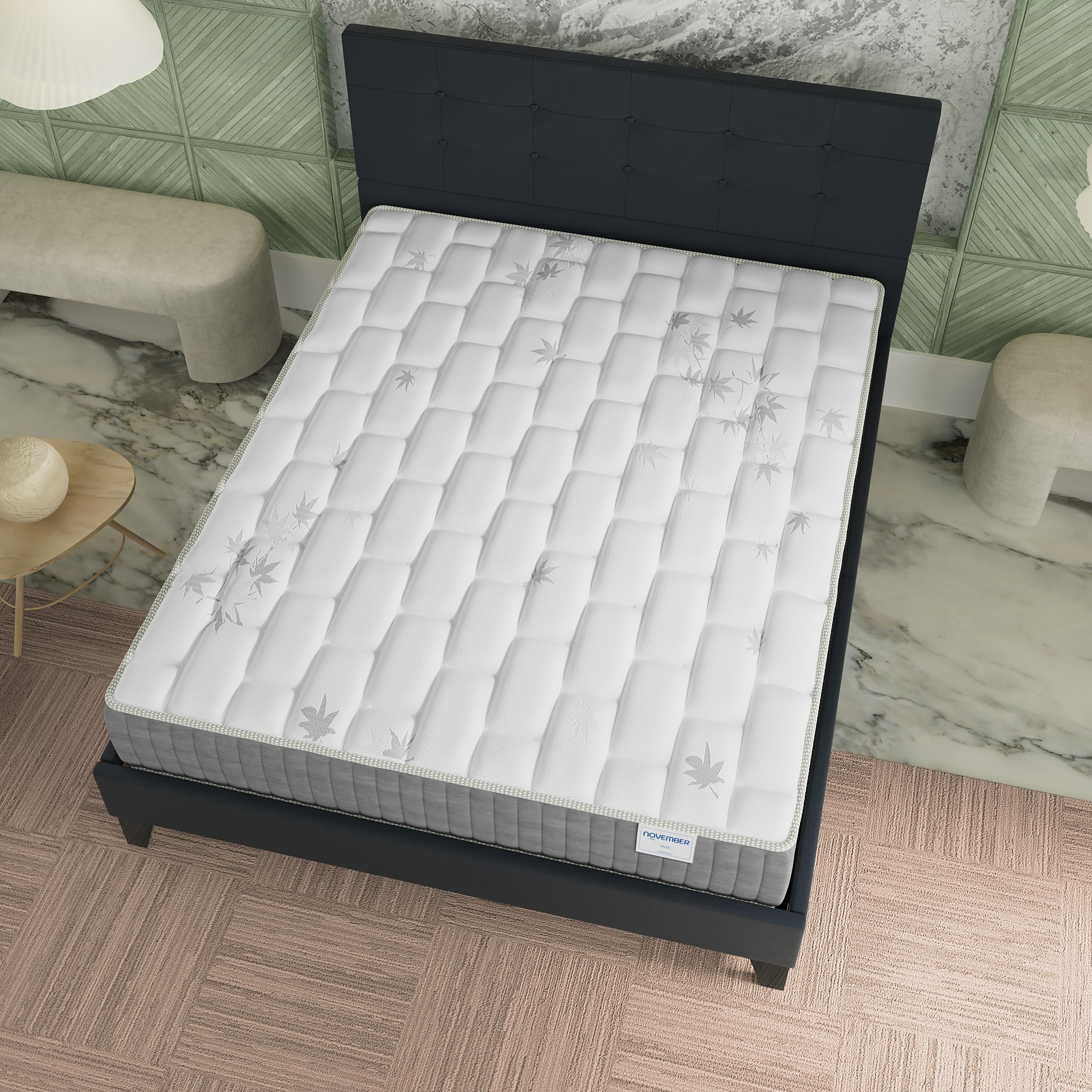 NOVEMBER- Ensemble Matelas + LIT (140x200cm)- Matelas Galice 25cm Ressorts ensachés & Mémoire de Forme+ Sommier tête de lit Bois Stable & Robuste revêtement synthétique Noir