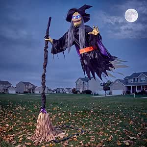 JOYIN 6.2 Ft Halloween Flying Witch Decor, Sound Activated Life-Size Outdoor Prop with Glowing LED Eyes