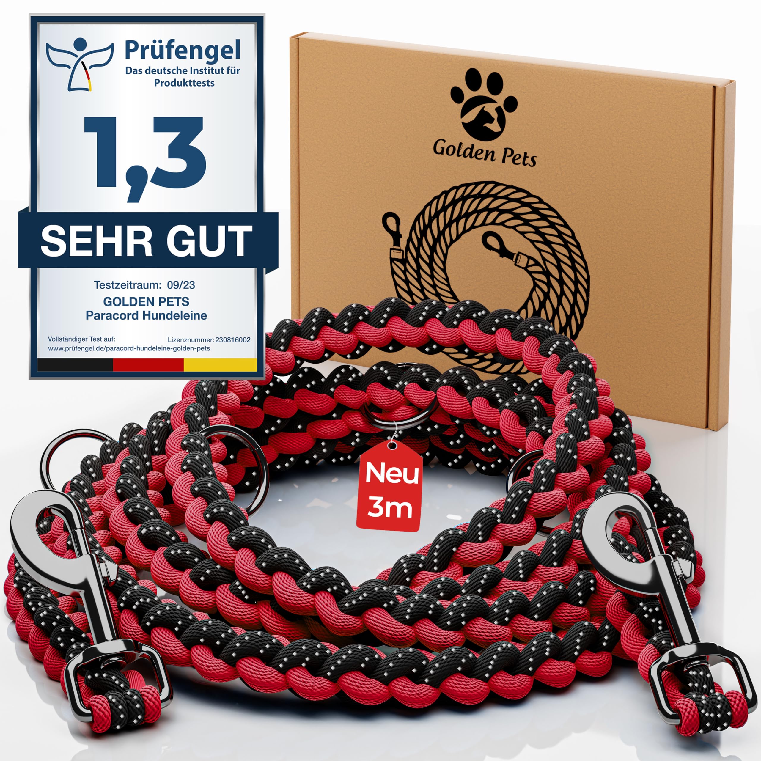 Golden Pets: 2m Reflective Dog Lead, Adjustable, Weatherproof, Tear-Resistant Up to 250kg, Paracord, Black - Red — image 1