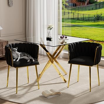 Gold Luxury Glass Dining Table Set for 2, 3 Piece Clear Glass Top Square Dinner Room Set, 36 Modern Minimalist Kitchen Table Set, Black Woven Chair, for Small Apartment Living Room