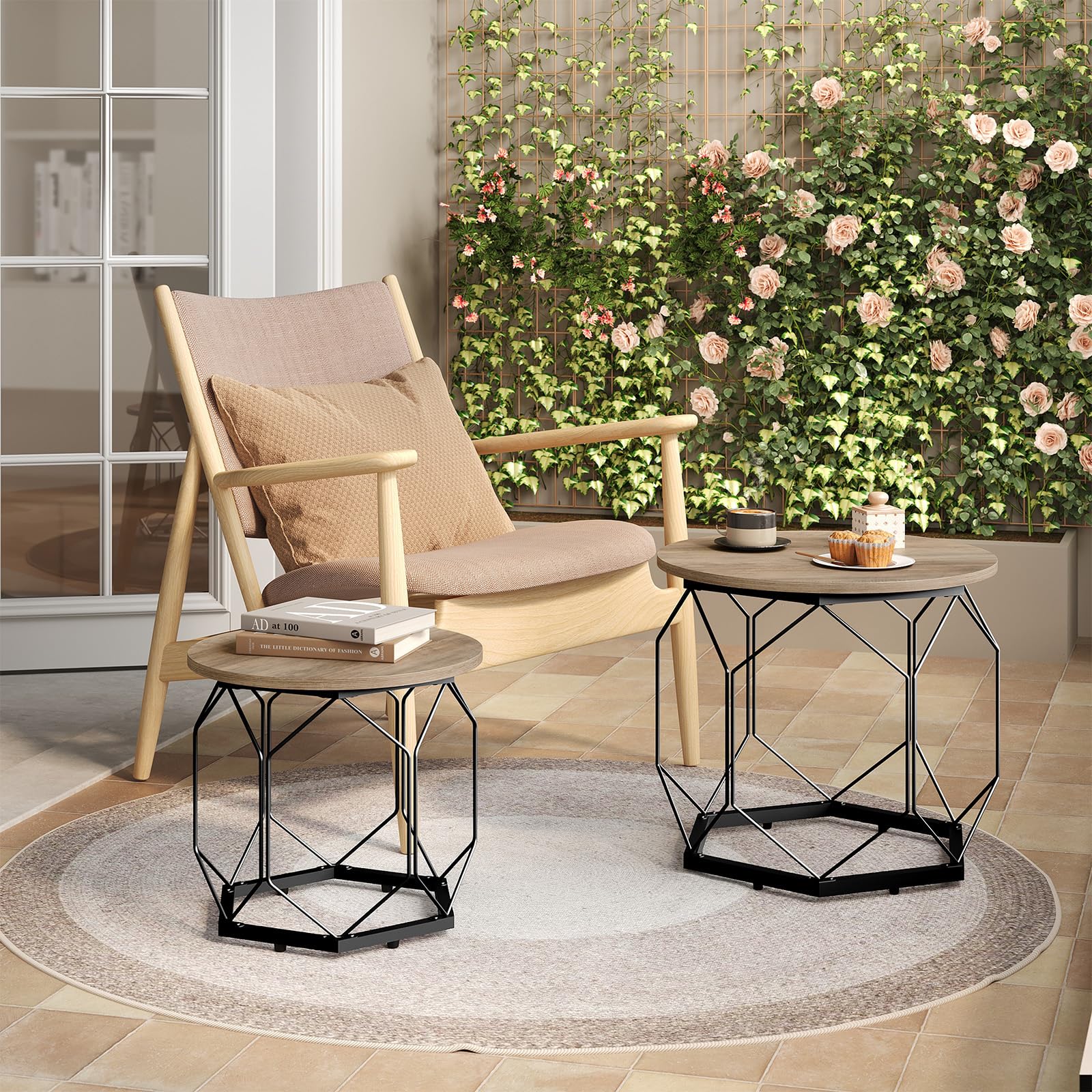 WOLTU Couchtisch 2er Set,Beistelltisch rund,hohlem Metallrahmen | Wohnzimmertisch mit Stauraum,Graue Holzoptik,einfache montage,bis 25 kg,für Wohnzimmer,Schlafzimmer ,Büro