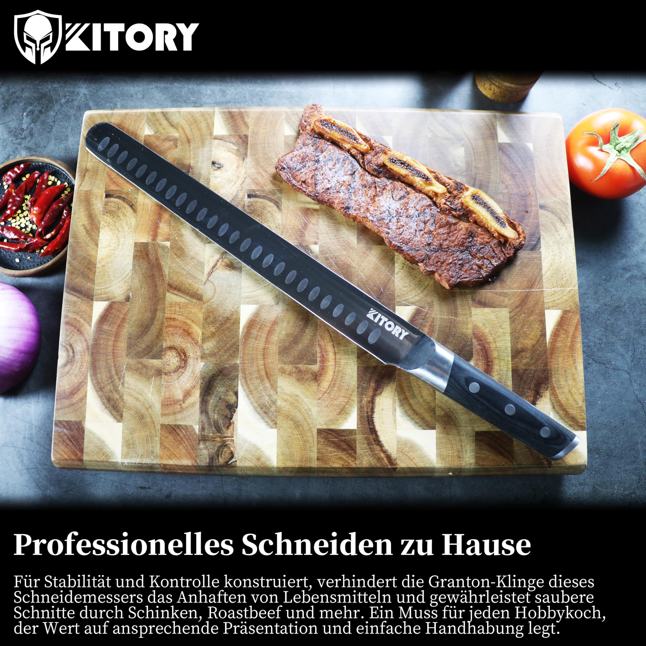 Kitory Couteau à Jambon 30 cm, Couteau à Découper Professionnel, en acier inoxydable allemand de haute qualité, avec manche ergonomique en bois de pakka, livré dans un coffret cadeau