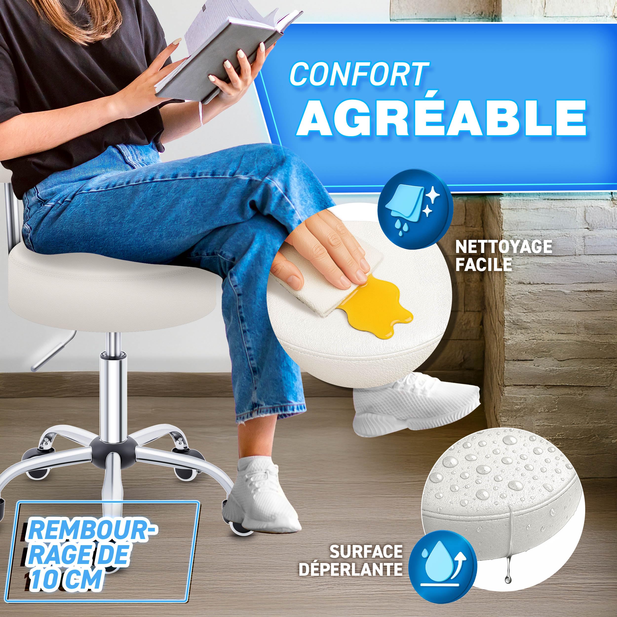 TRESKO® Tabouret de travail Noir à Roulettes avec Dossier – Réglable 46-58 cm, Pivotant 360°, Similicuir, Bureau & Cosmétique à partir de 56,99 € (juin 2026