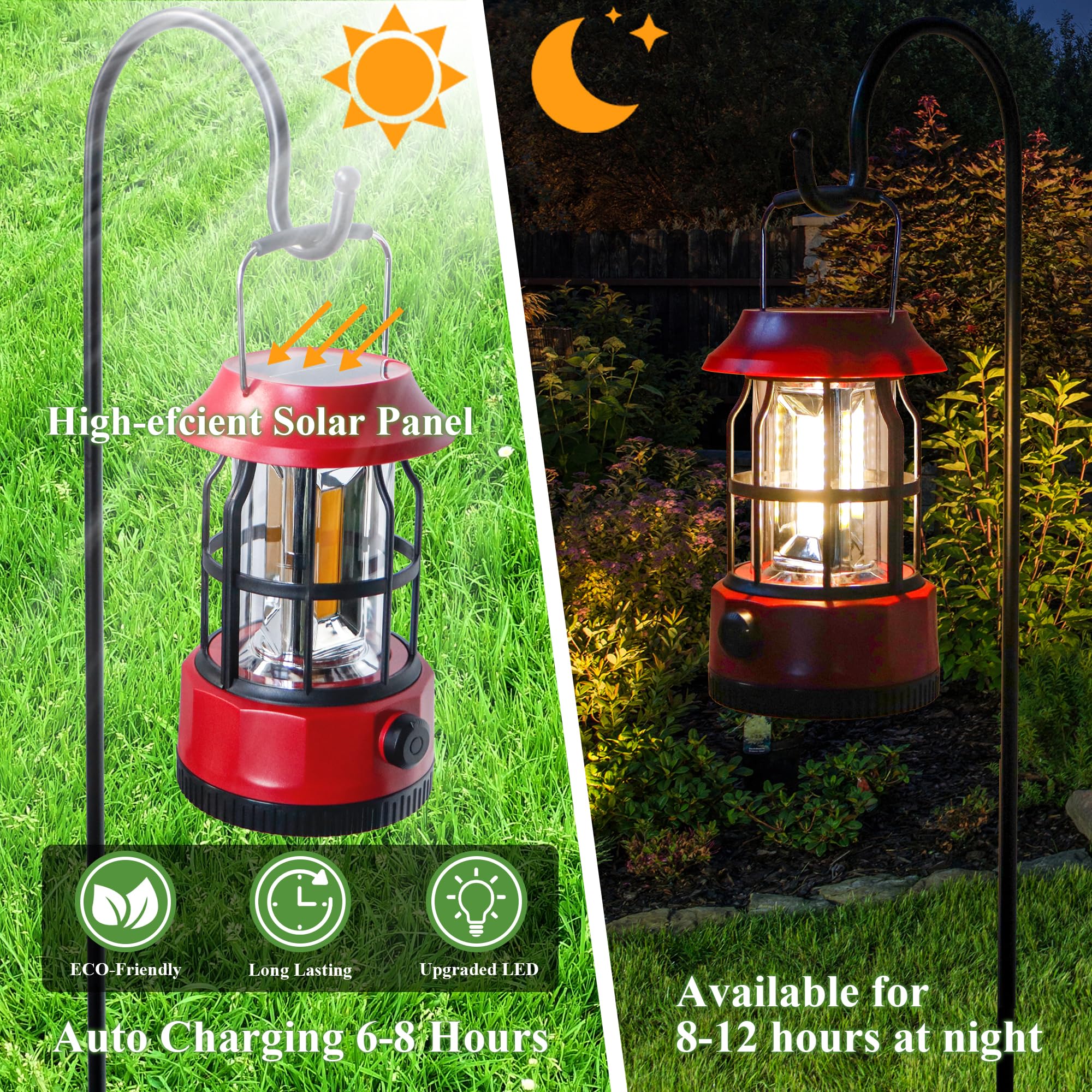 TRIROCKS Zestaw 2 solarnych latarni kempingowych LED, ściemnialna, ładowalna, IPX3, wodoodporna, przenośna, awaryjna, na kemping, do domu, przerwy w dostawie prądu, huragan, wędrówki (Czerwona)