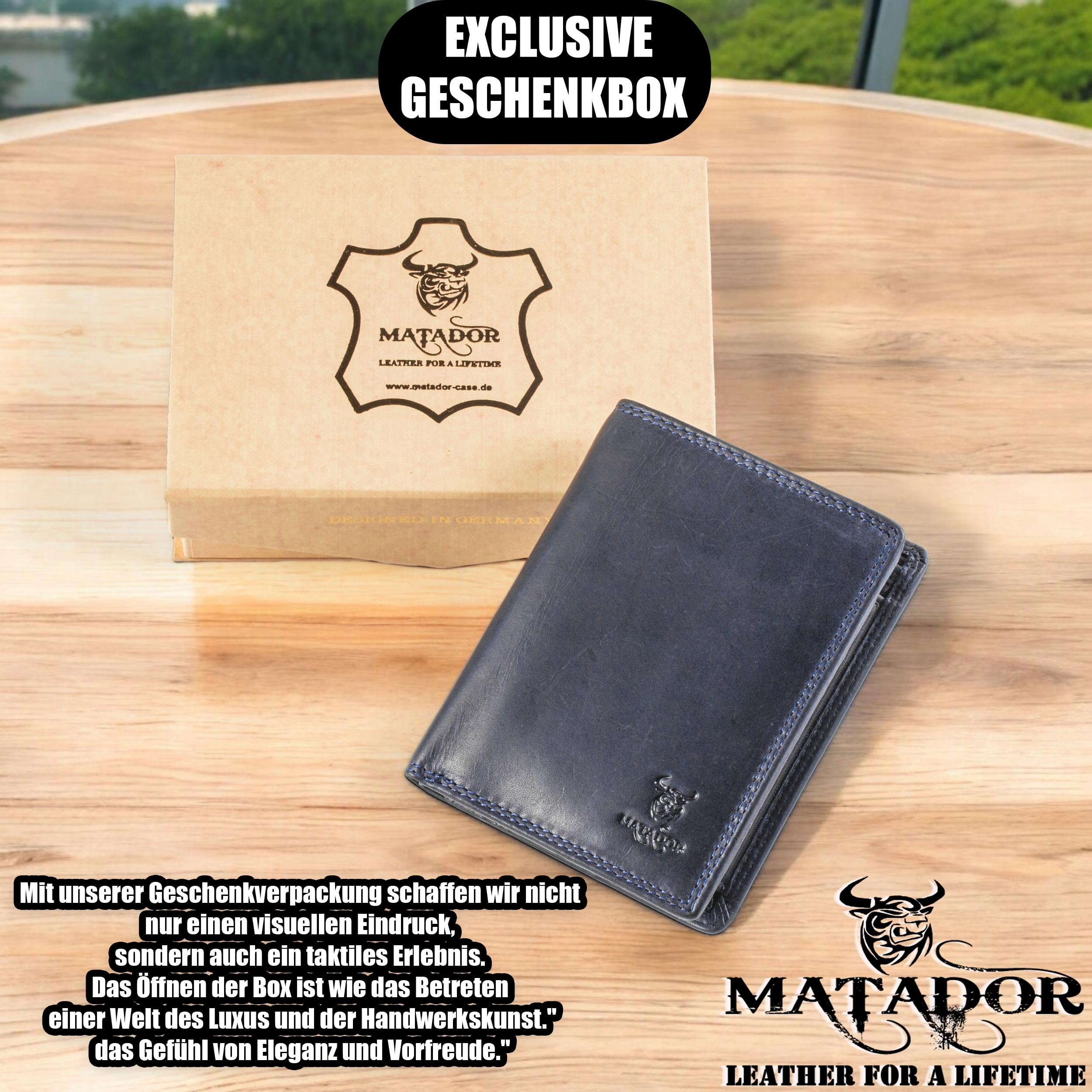 Matador Marca Portafoglio Uomo in Pelle #VIGO con Elegante Scatola Regalo, Lusso Portafoglio Protezione RFID, Grande Uomo Portafoglio con Molti Scomparti per Carte in Blu Navy