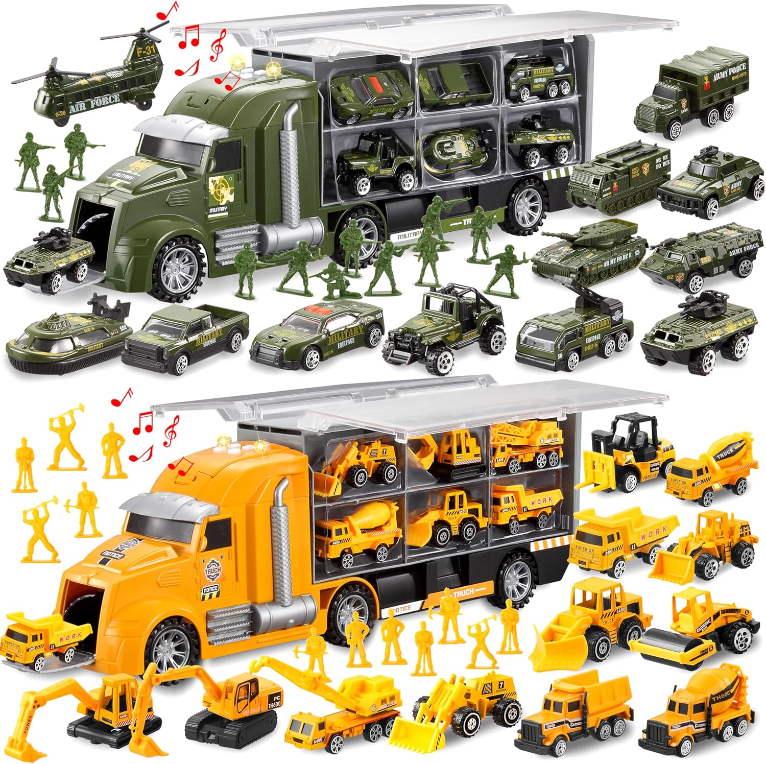 JOYIN 25 in 1 Green Military Big Truck Toys with 25 in 1 Die-cast Construction Play Vehicle Set, Vehicles with Sounds and Lights in Carrier Truck, Push and Go Car Toy, Kids Birthday Gifts for Over 3