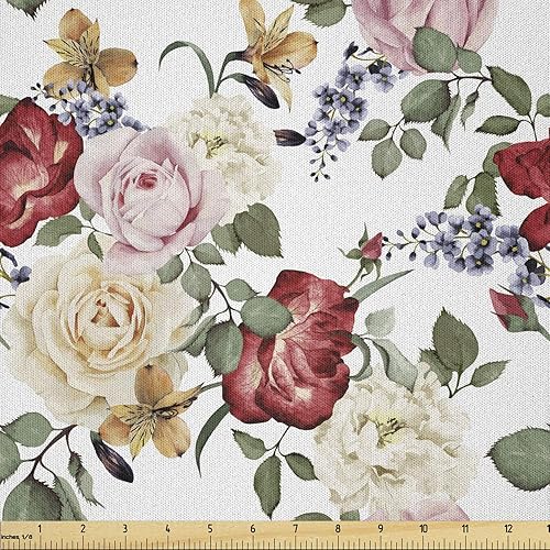 Ambesonne The Yard, tela Shabby Flora de The Yard, verano, primavera, temporada, brotes, rosas, lilas, flores, hojas, impresión, tela de microfibra