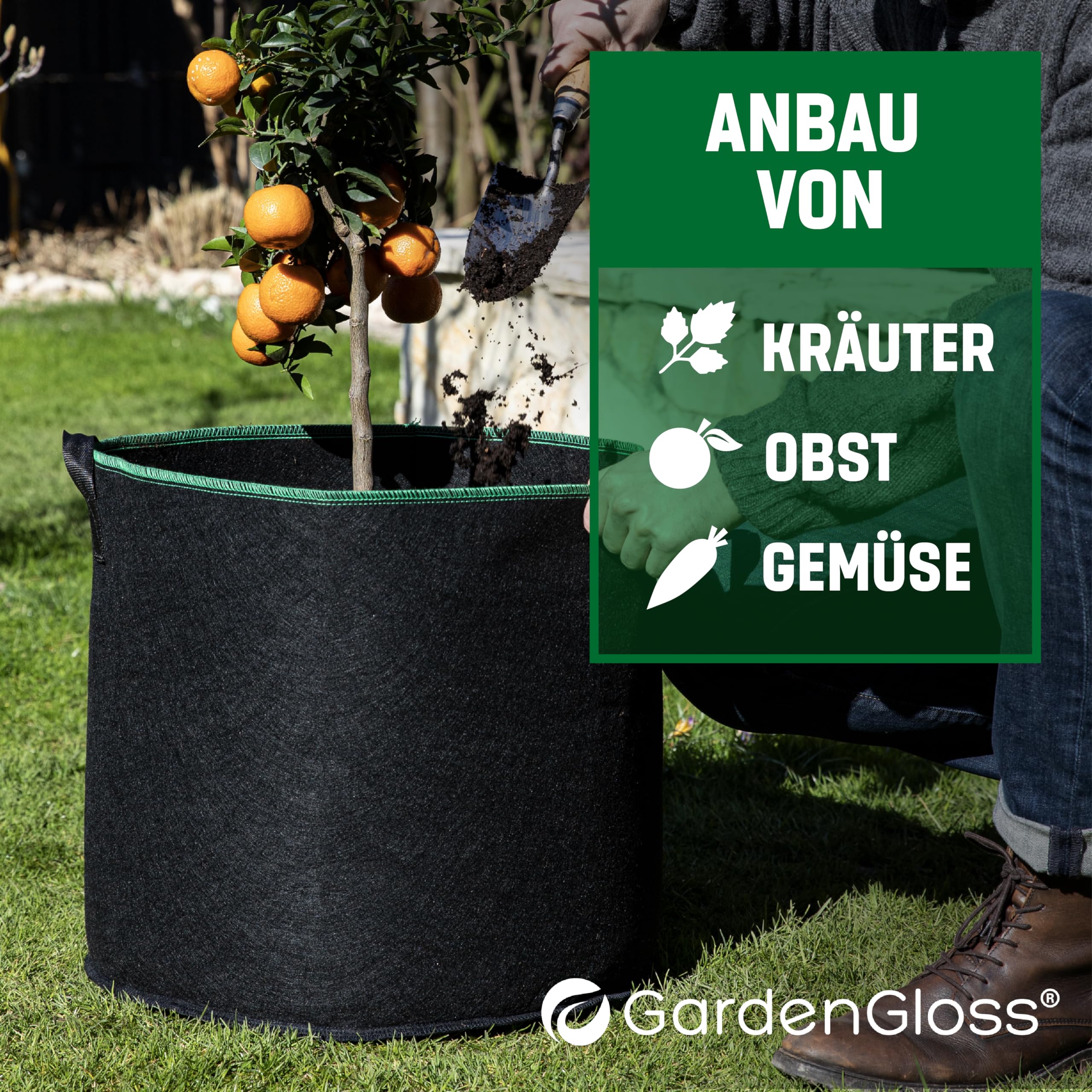GardenGloss Pflanzsack (5 Stück) - Pflanztasche aus Vliesstoff - 60L | Für Kartoffeln & Tomaten - Für Innen & Außen - Aus Vliesstoff - Wiederverwendbar