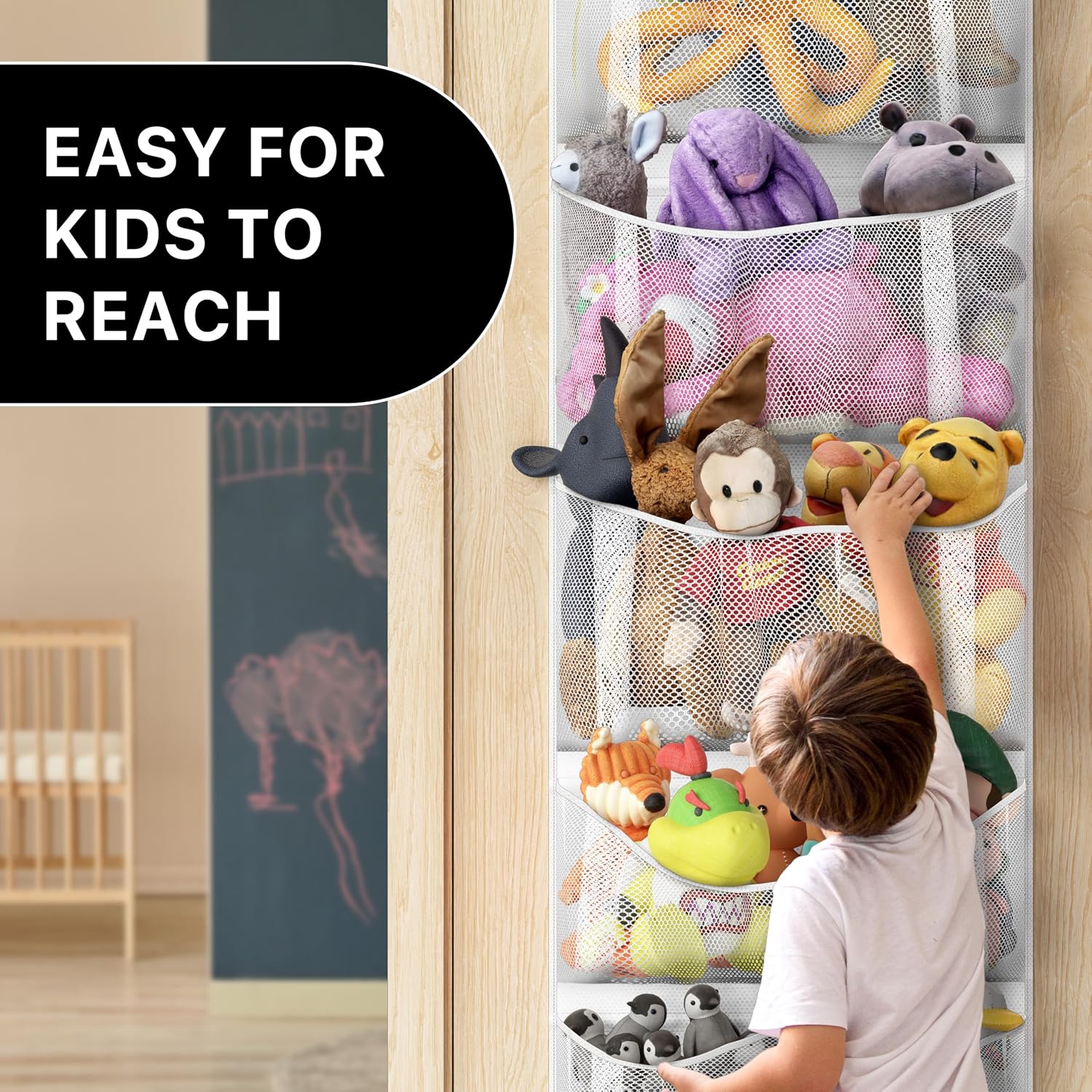 Simple Houseware Over the Door Stuffed Animal Storage Organizer, Hanging Toy Holder with 6 Mesh Pockets for Kids Room, White