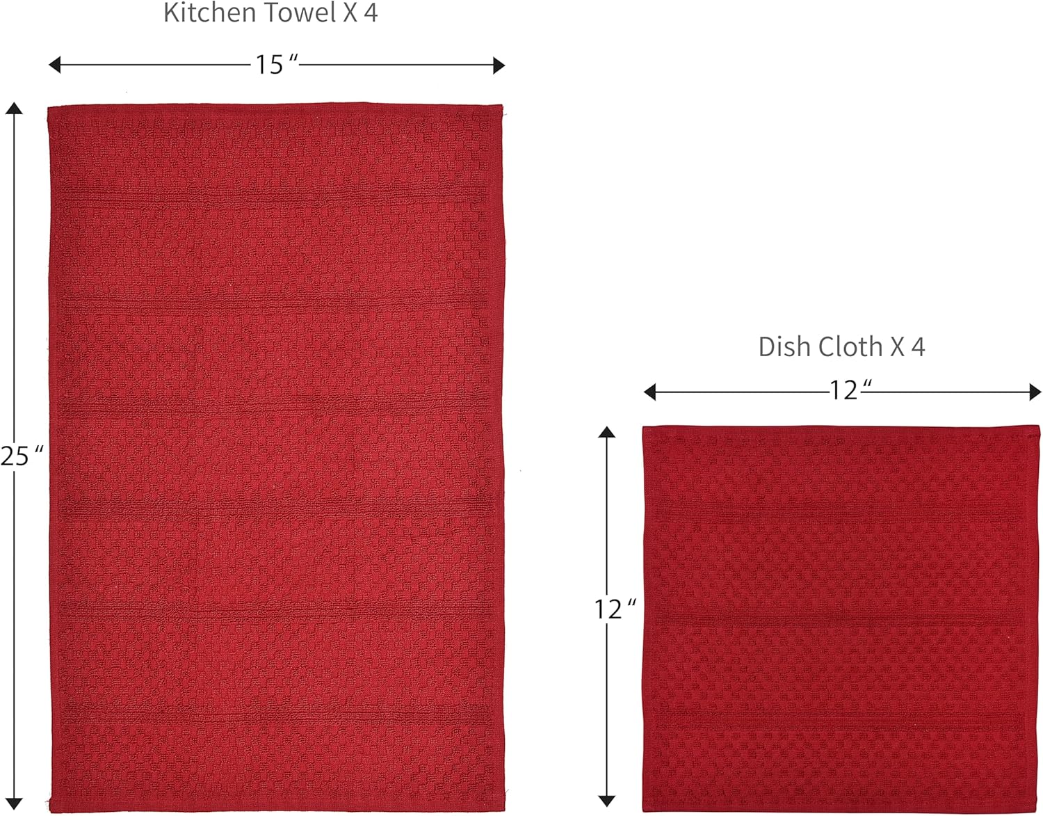 100% Cotton Premium Terry Dish Towels and Dish Cloth Set – Highly Absorbent Terry Cleaning Rags – Reusable Dishcloth and Dishtowel for Kitchen – Red – 15"x25" and 12"x12" (Pack of 8)