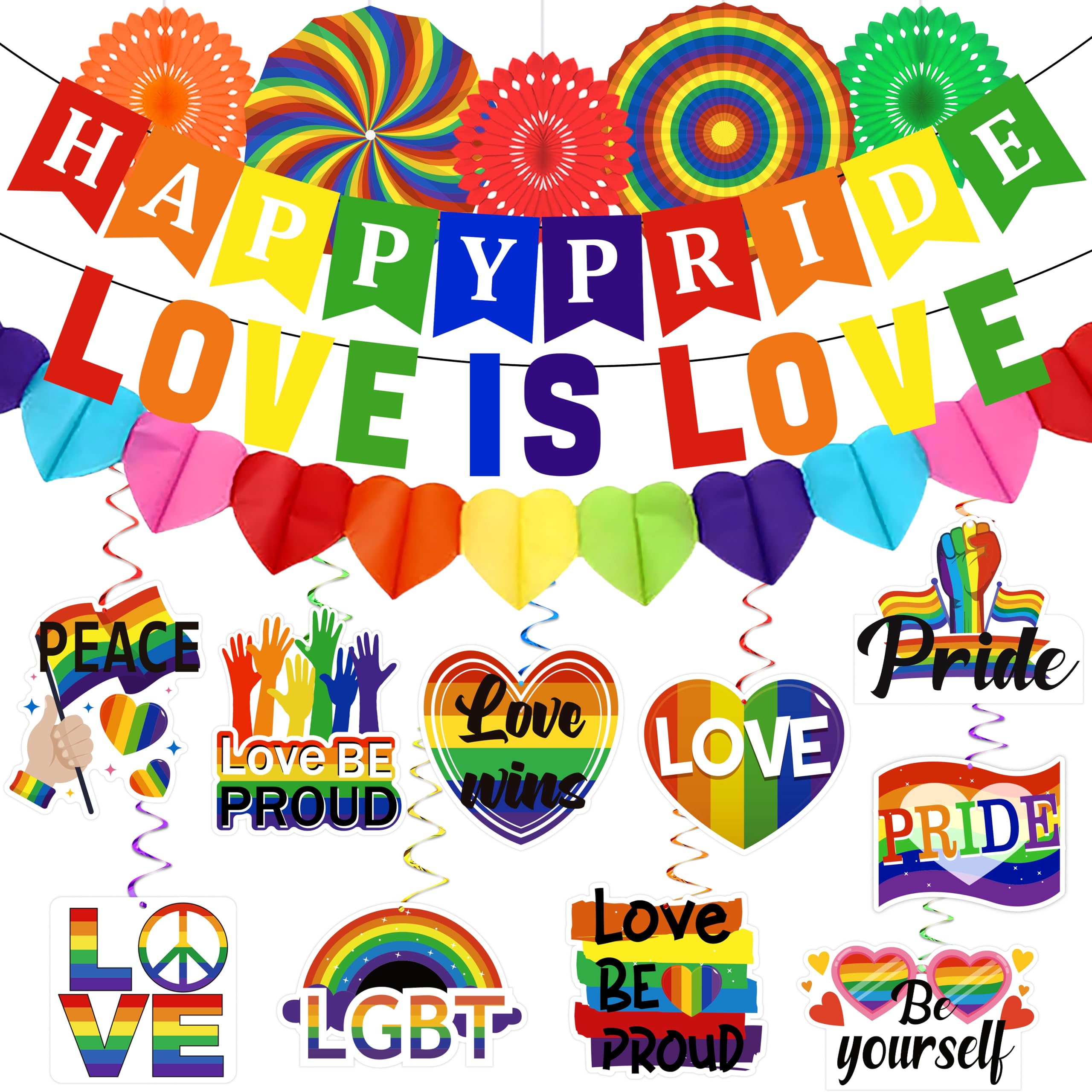 Gay Pride Rainbow Party Decorations - Happy Pride/Love Is Love Banner Garland LGBT Hanging Swirls Paper Fans Decor Supplies for Office Home