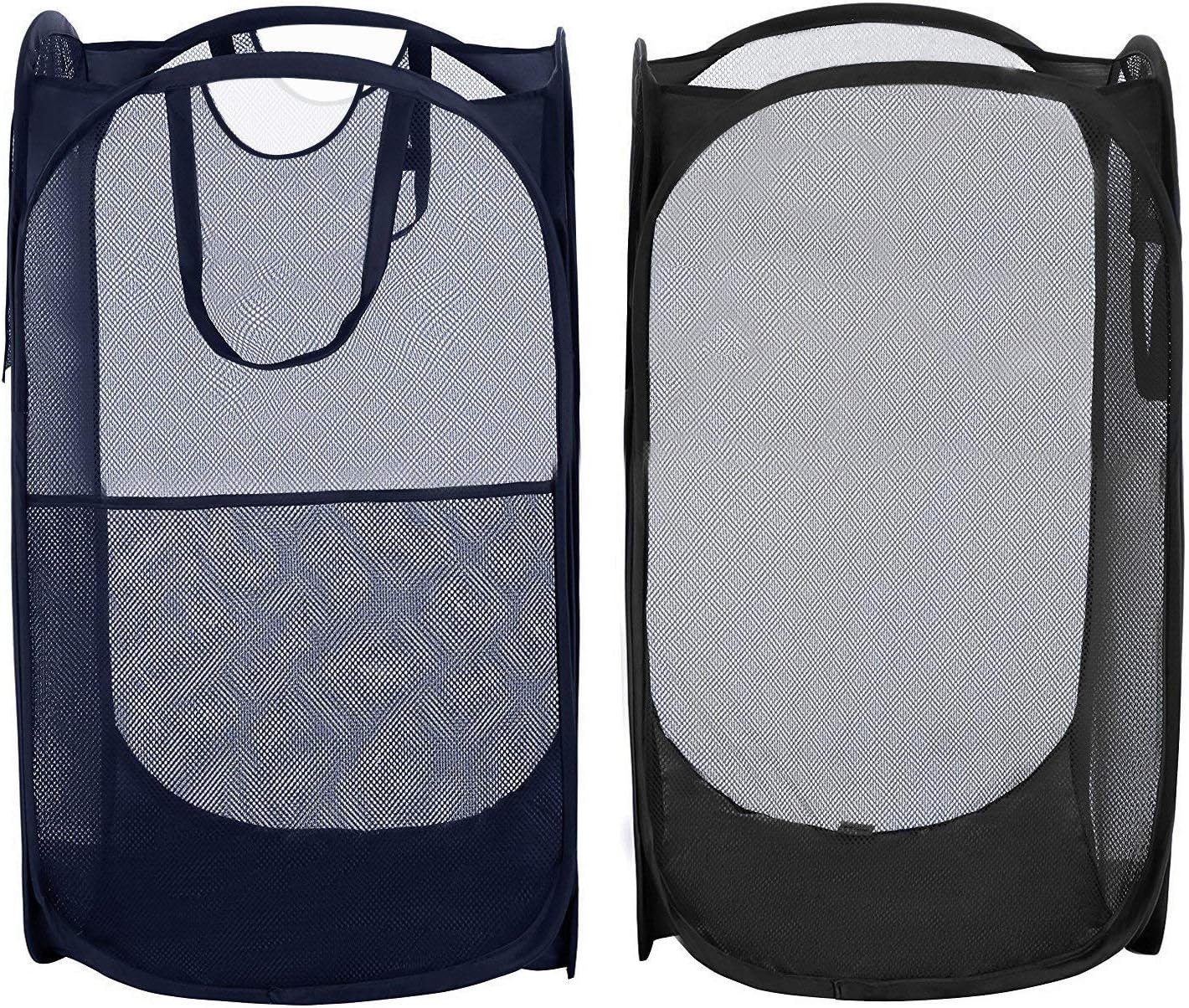 Mesh Pop Up Laundry Hamper High Efficiency Foldable Clothes Basket Durable Save Space Hamper with Side Pocket Housewife Helper (2 Pack) (Blue+Black)