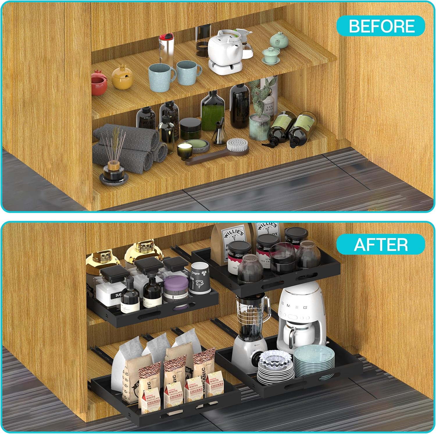 Expandable Pull Out Cabinet Organizer 21" Deep, Adhesive Pull Out Drawers For Cabinets 12.6"W - 20.5"W, No Drill Pull Out Cabinet Organizer Expandable, Expandablet Drawer For Kitchen, Pantry, Bathroom