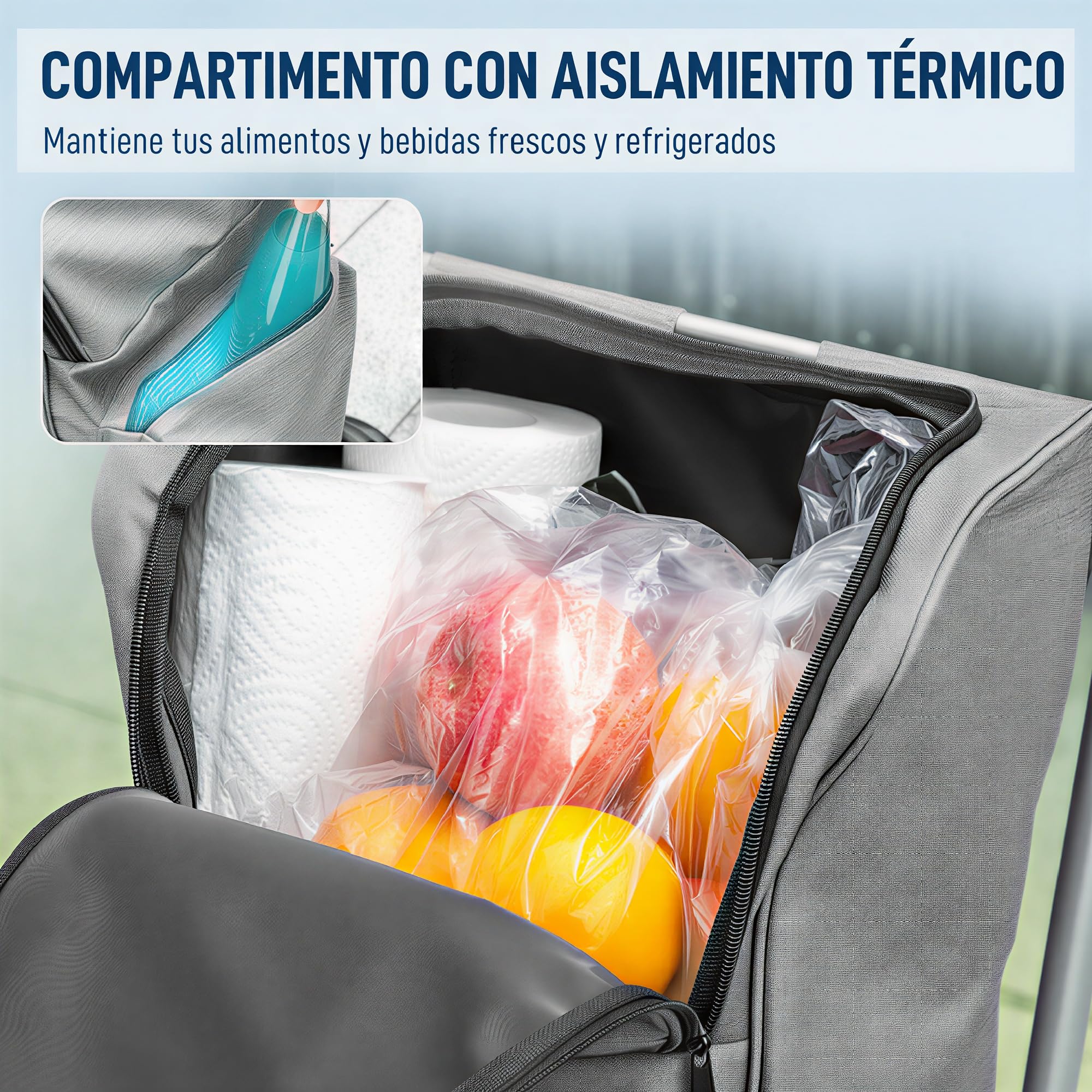 HOMCOM Carrito de Compra de 46L de Aluminio con Bolsa Térmica 3 en 1 Gris | Carro de la Compra, 6 Ruedas, Asa Regulable, para Supermercado, Plegable