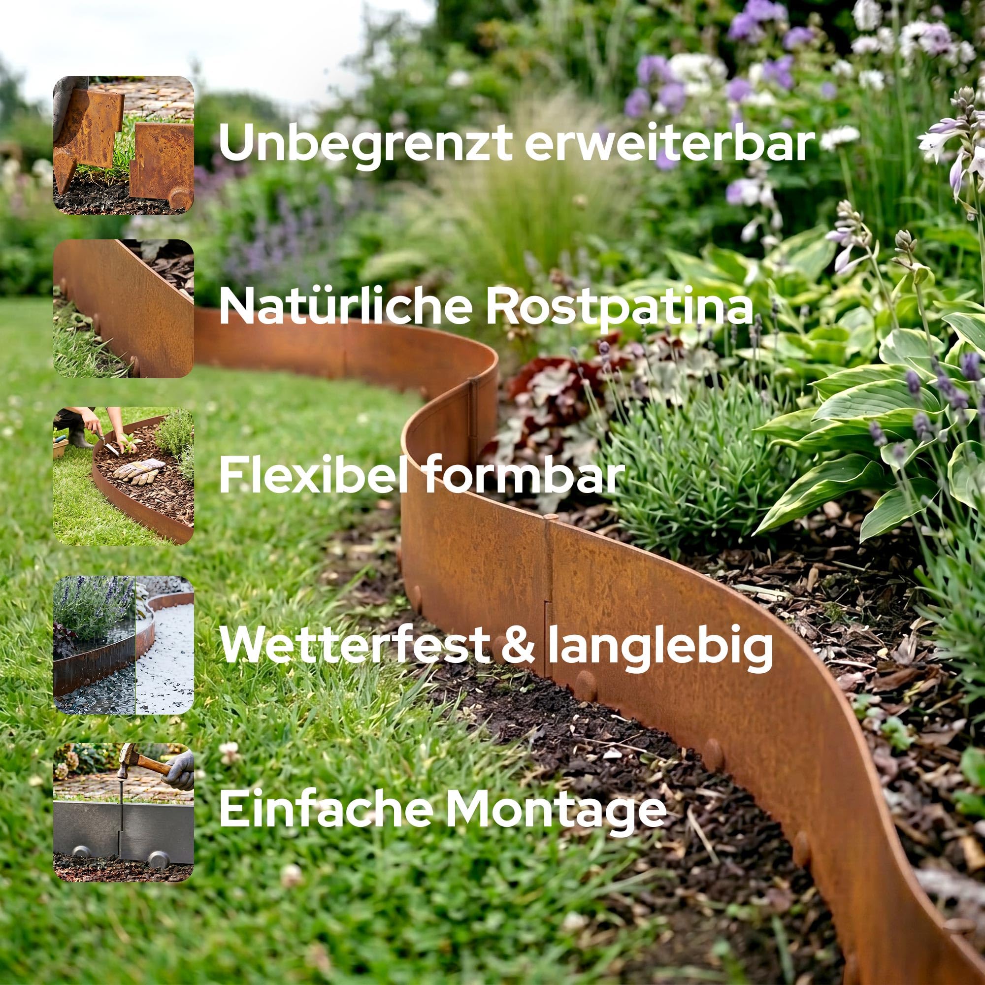 Arebos Cortenstahl Rasenkante 10m Set – Beeteinfassung & Mähkante Metall 10cm hoch, 1,5mm dick | Beetbegrenzung & Rasenbegrenzung Garten | Flexible Rasenkante | wetterfest