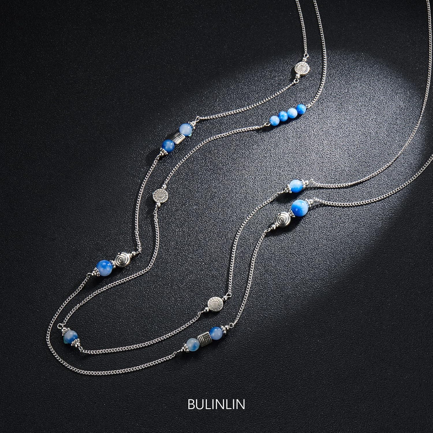 BULINLIN Layered Silver Long Necklace for Women Turquoise Stone Beaded Strand Sweater Chain Necklaces Fashion Costume Jewelry Gifts for Mom - Image 2