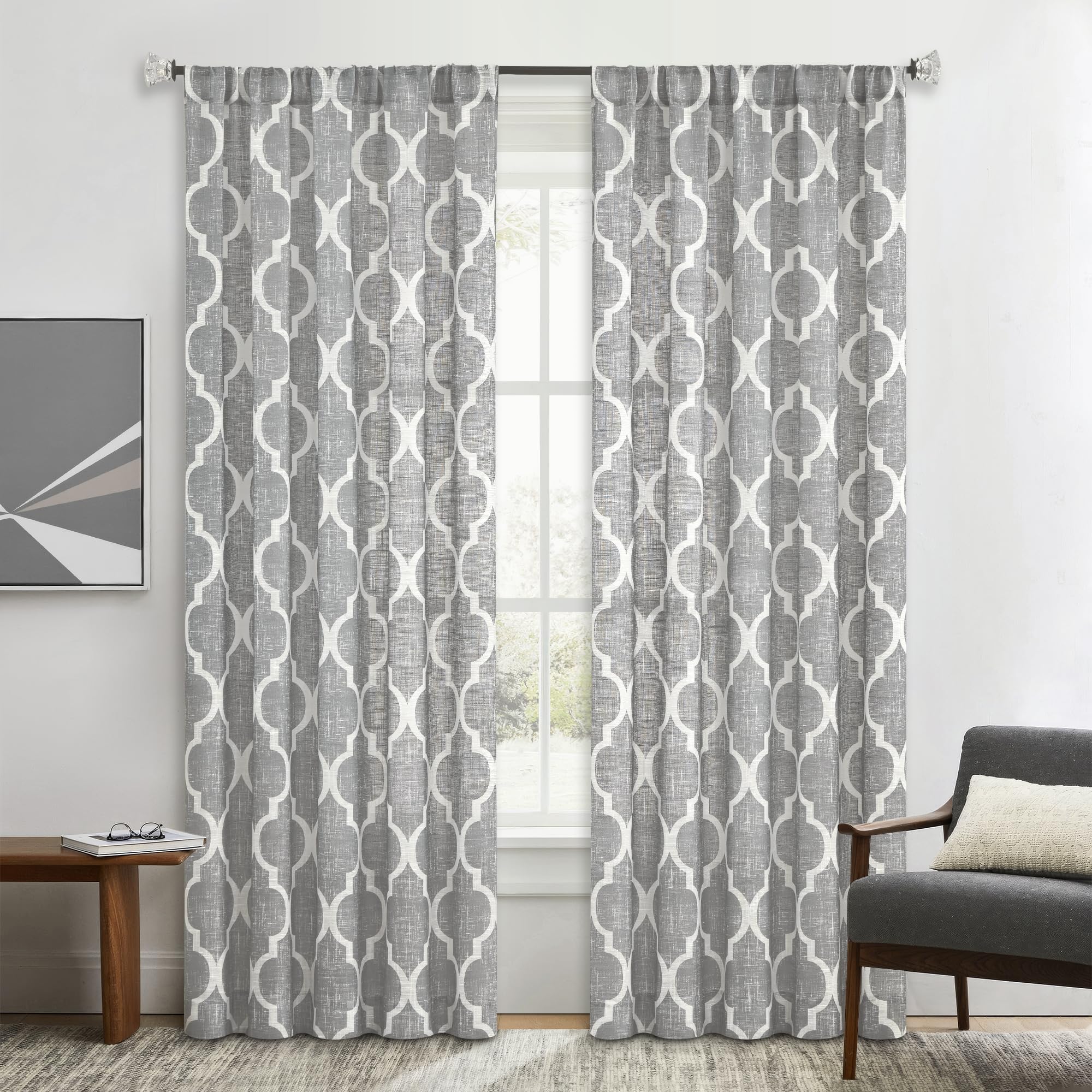 Beauoop Linen Semi Sheer Curtains 84 Inches Long 2 Panels for Bedroom Living Room Grey Moroccan Geo Farmhouse Light Filtering Privacy Textured Rod Pocket Window Treatments Drapes, 50x84 2 Set