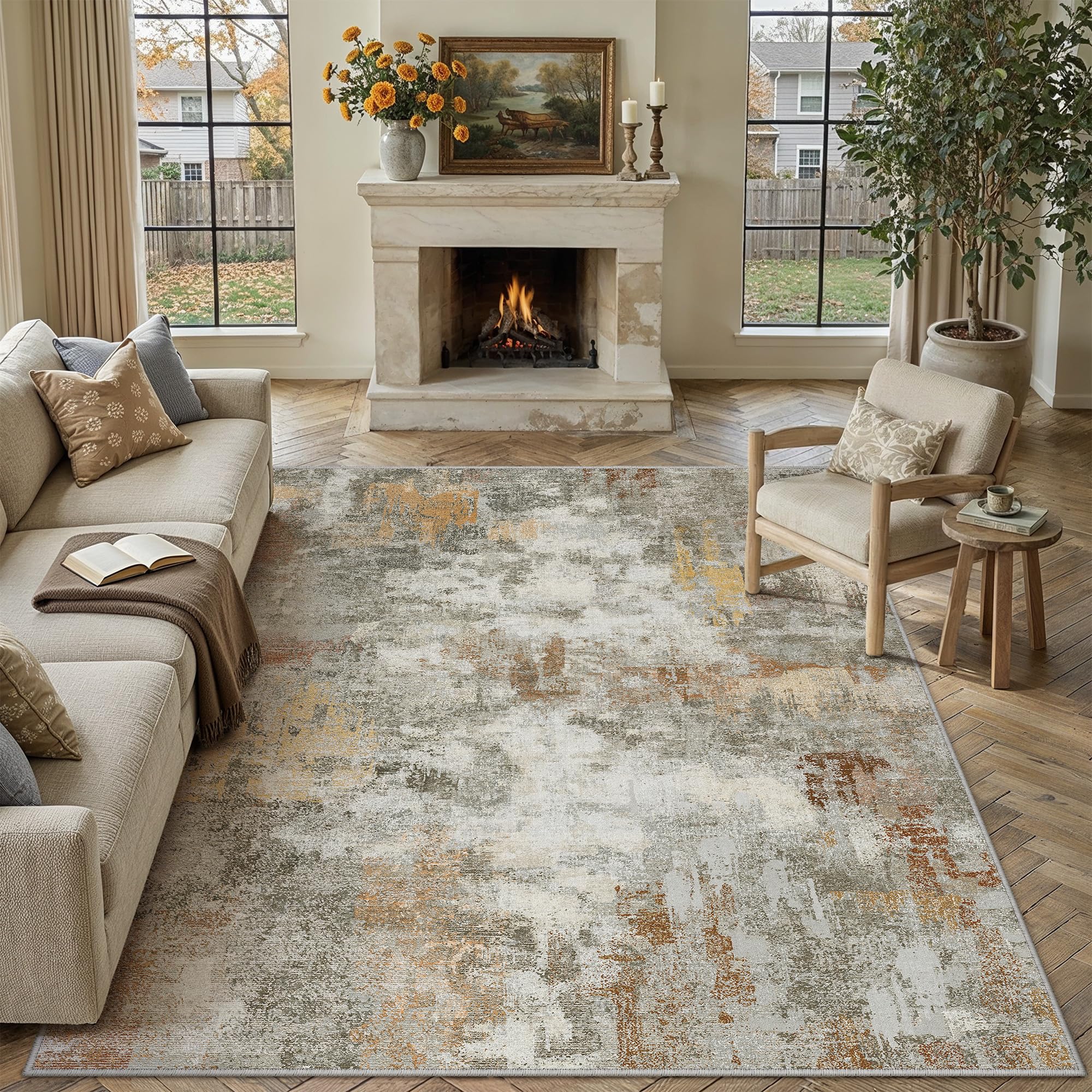 PureCozy Abstraktes Teppich Wohnzimmer 200x300cm rutschfest Kurzflor Kunstwolle Schlafzimmer Teppich Waschbar Minimalistisch Bettvorleger Teppiche Orange-Grau für Wohnzimmer Schlafzimmer Bereich Dekor