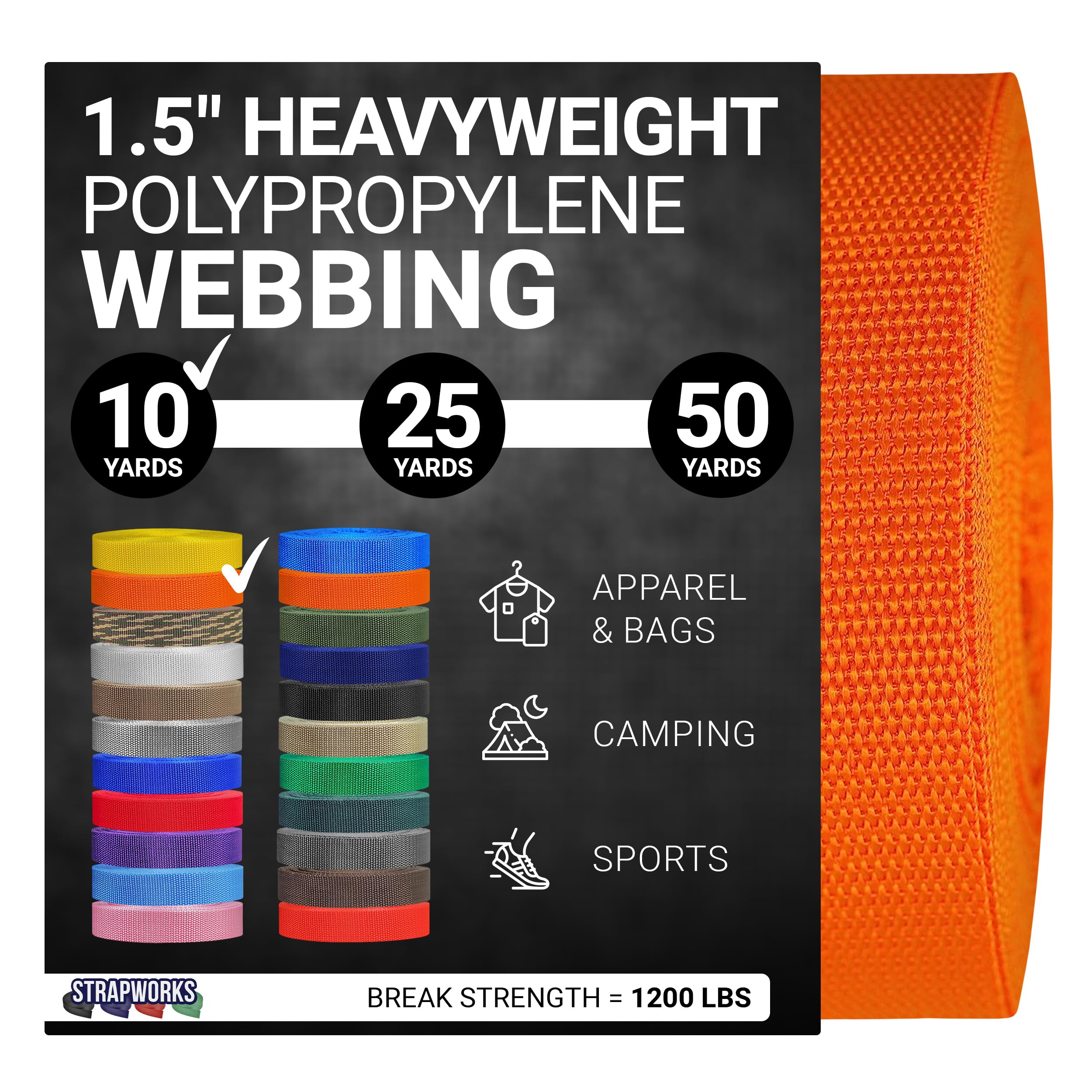 Strapworks Heavyweight Polypropylene Webbing - Heavy Duty Poly Strapping for Outdoor DIY Gear Repair, 1.5 Inch x 10 Yards, Yellow Gold — image 1