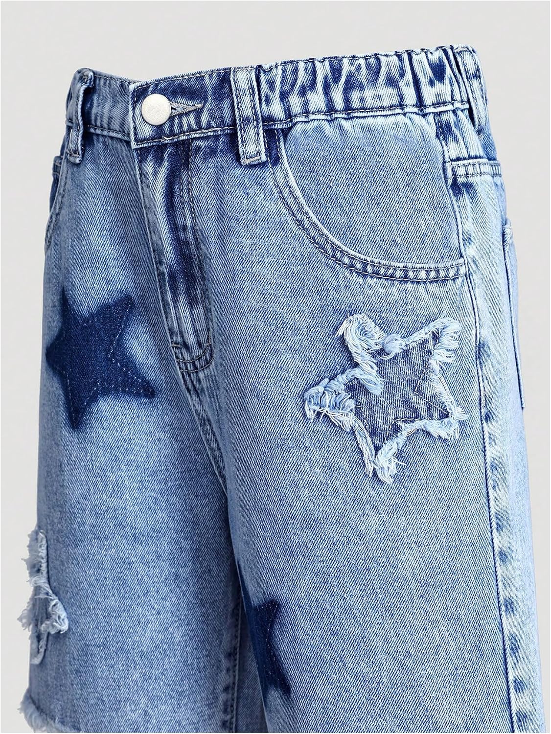 WDIRARA Girl's Star Patchwork Denim Bermuda Shorts Elastic High Waisted Raw Hem Jean Shorts