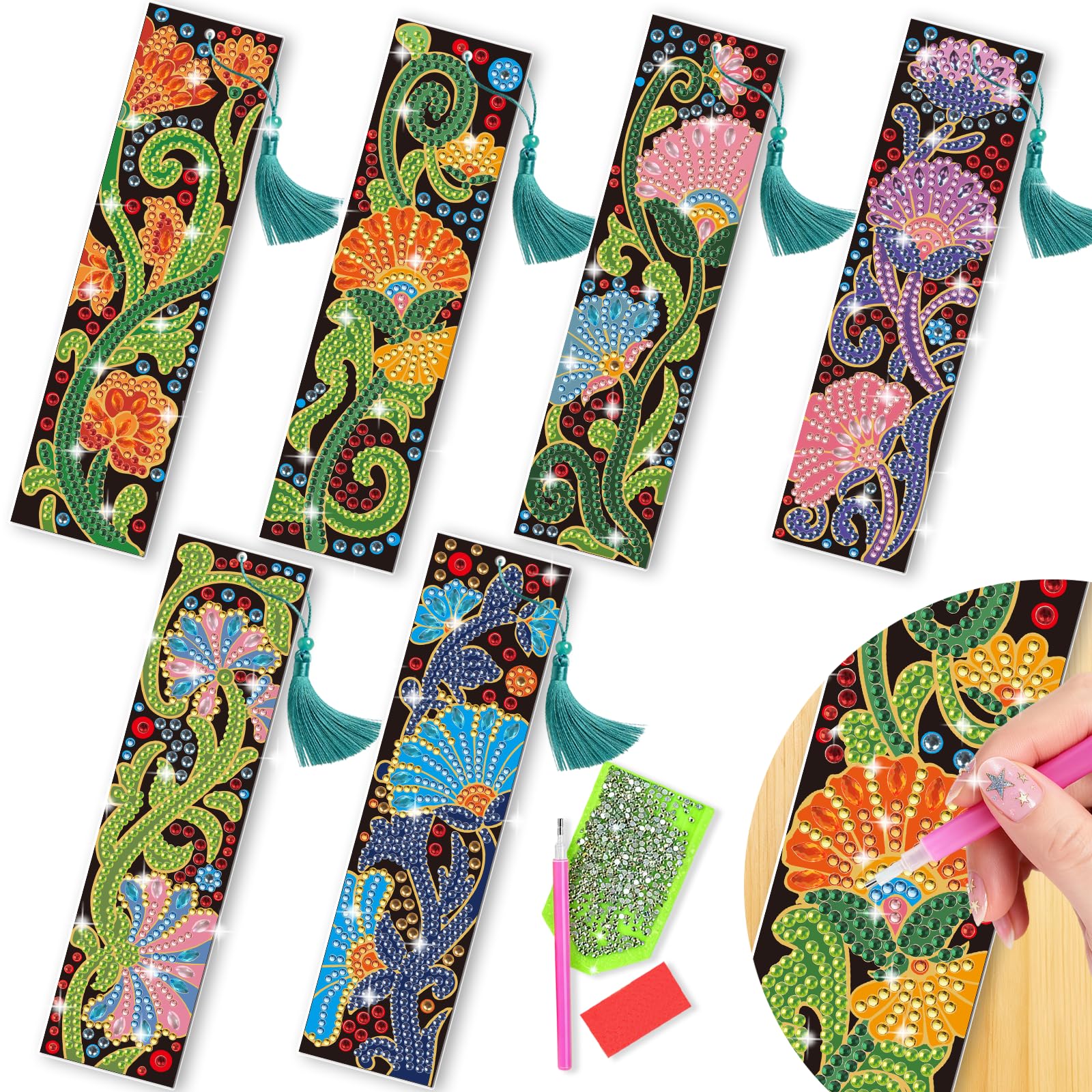 benikmake 6pcs Artistic Vine Diamond Reading Bookmark Diamond Painting Bookmark Kits for Adult Vintage Flower 5D Gem Art Marks for Book Lovers 1.96x7.87in